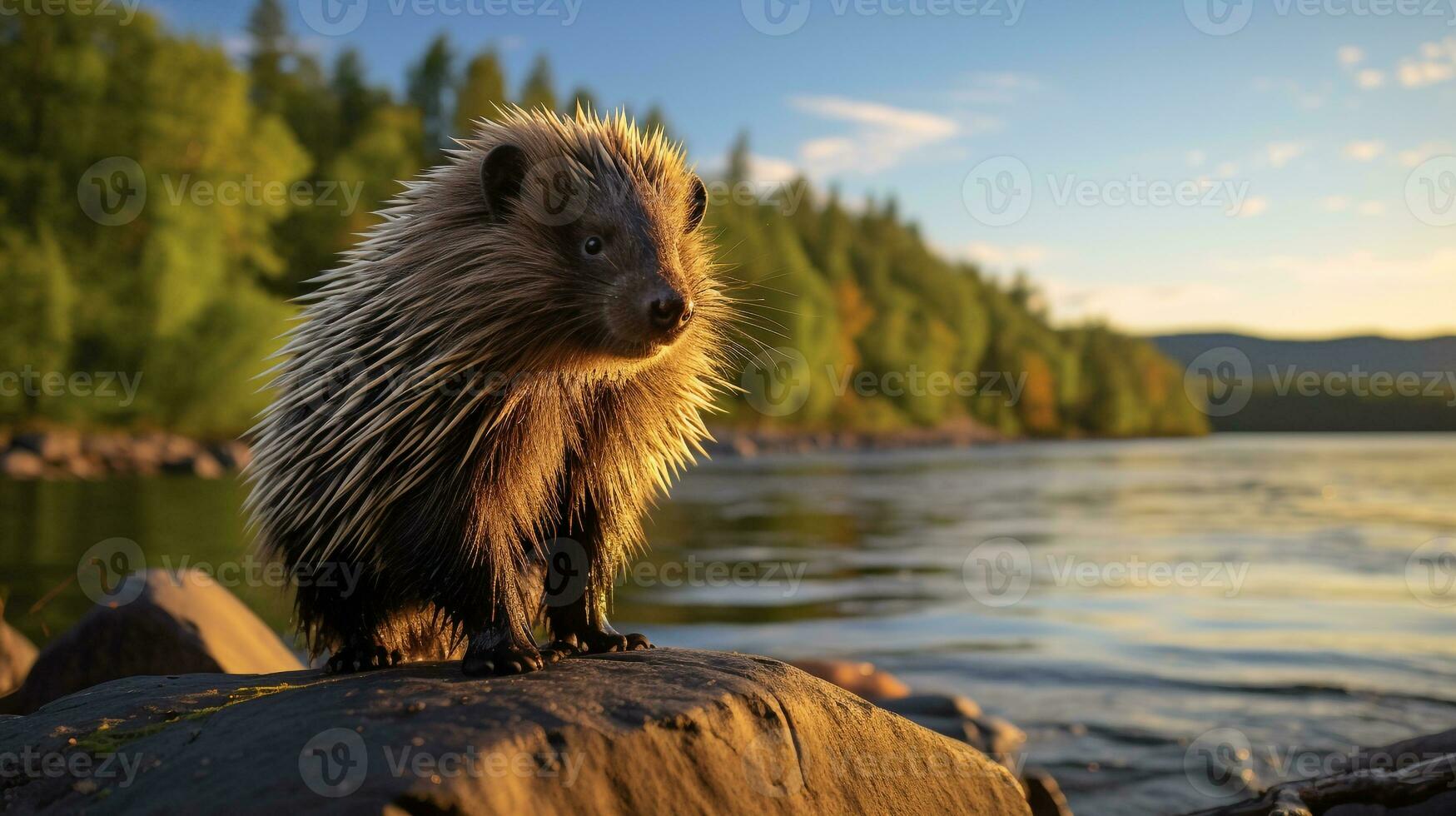 Close-up photo of a Porcupine looking in their habitat. Generative AI