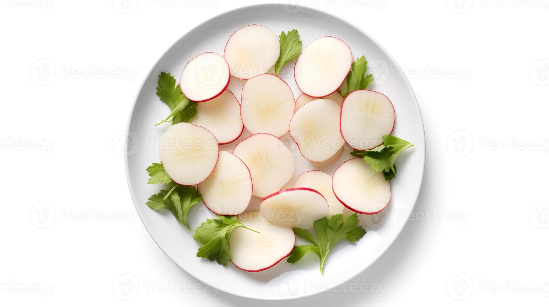 Photo of Turnips sliced pieces on minimalist plate isolated on white background. generative ai