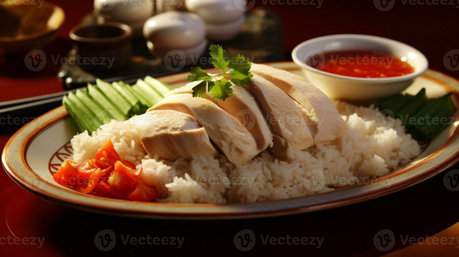 Photo of Hainanese Chicken Rice as a dish in a high-end restaurant. Generative AI