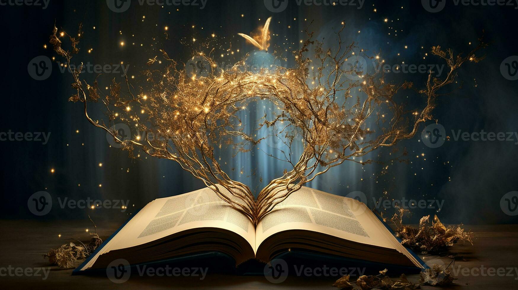 Mystical forest. Opened book with magic tree on dark background. Generative AI photo