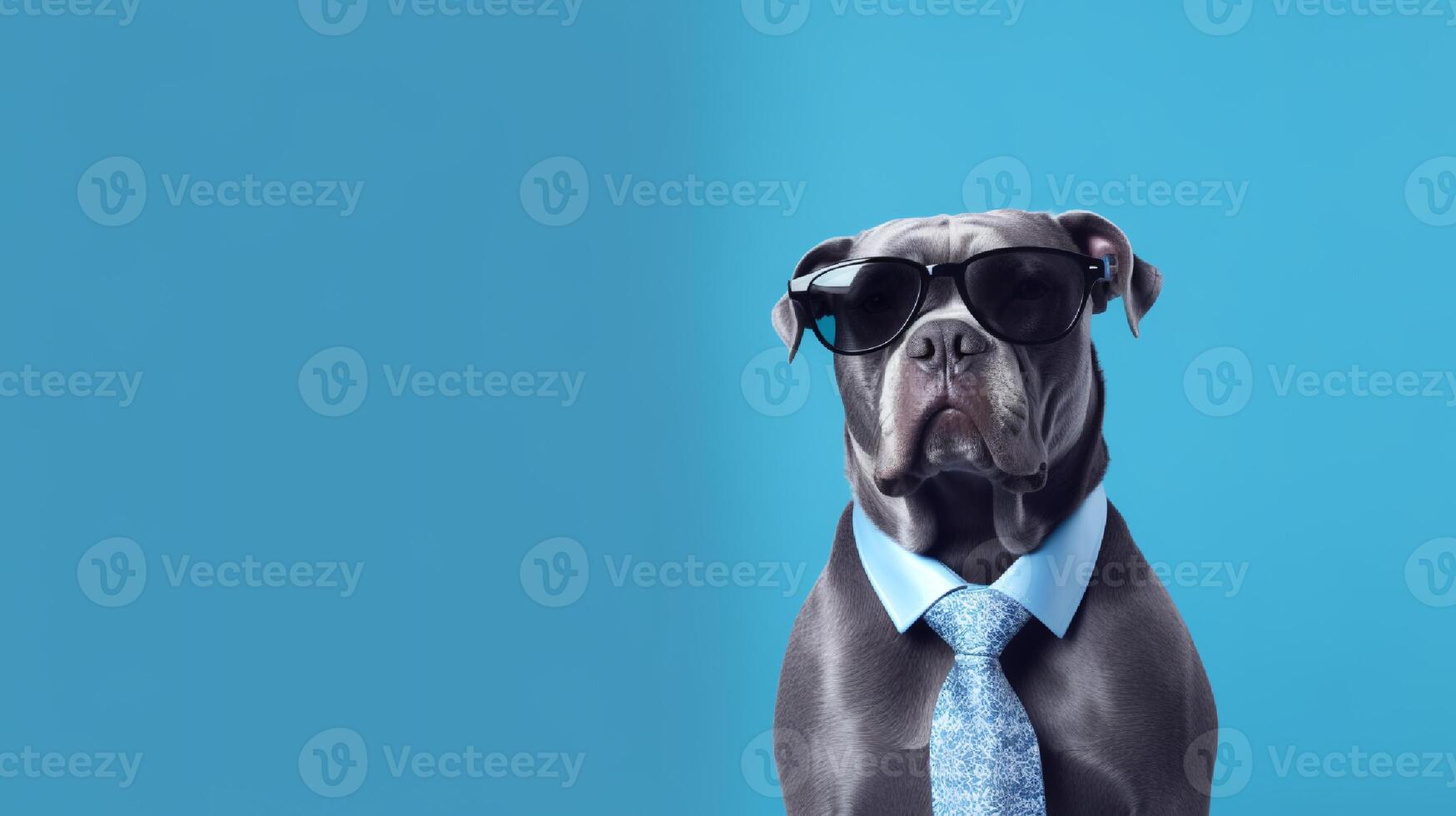Boxer dog using glasses on blue background. photo