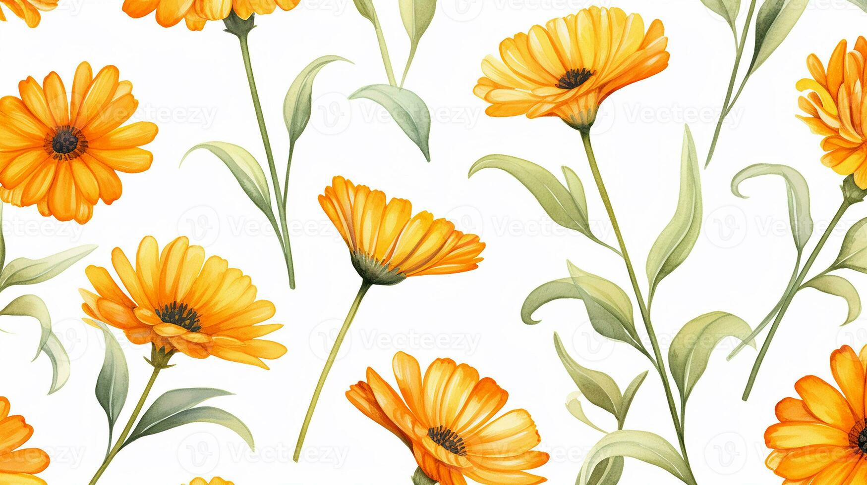 Seamless pattern of Calendula flower in watercolor style isolated on white background. Calendula flower texture background. Generative AI photo