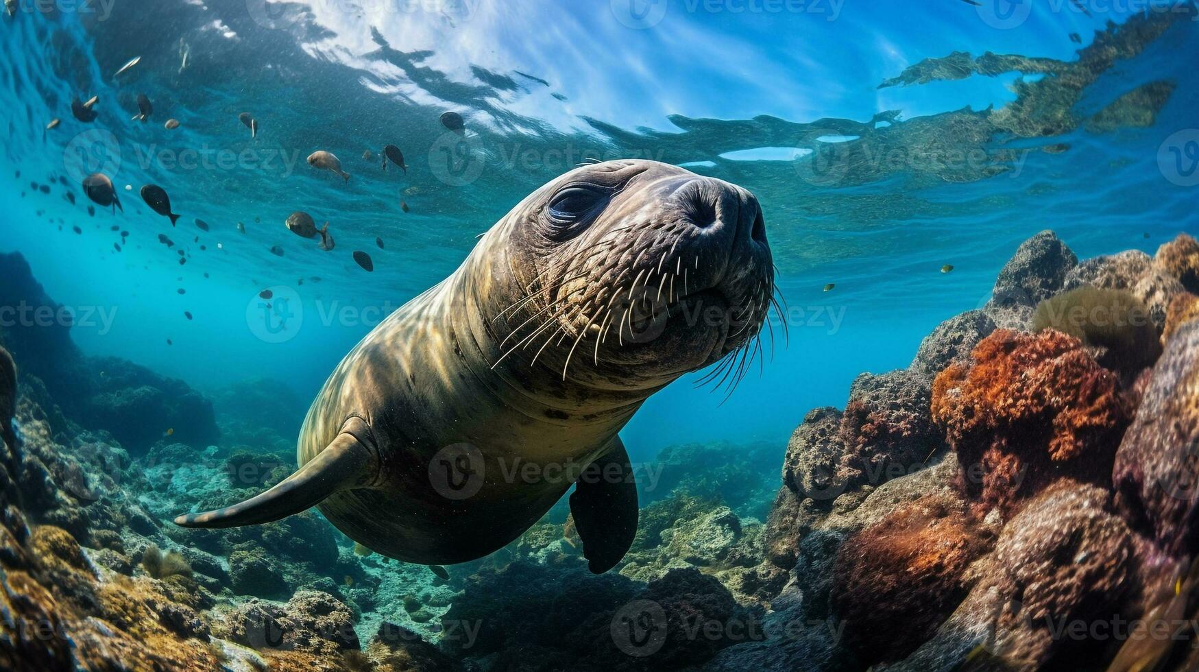 Photo of Sea Lion with various fish between healthy coral reefs in the blue ocean. Generative AI