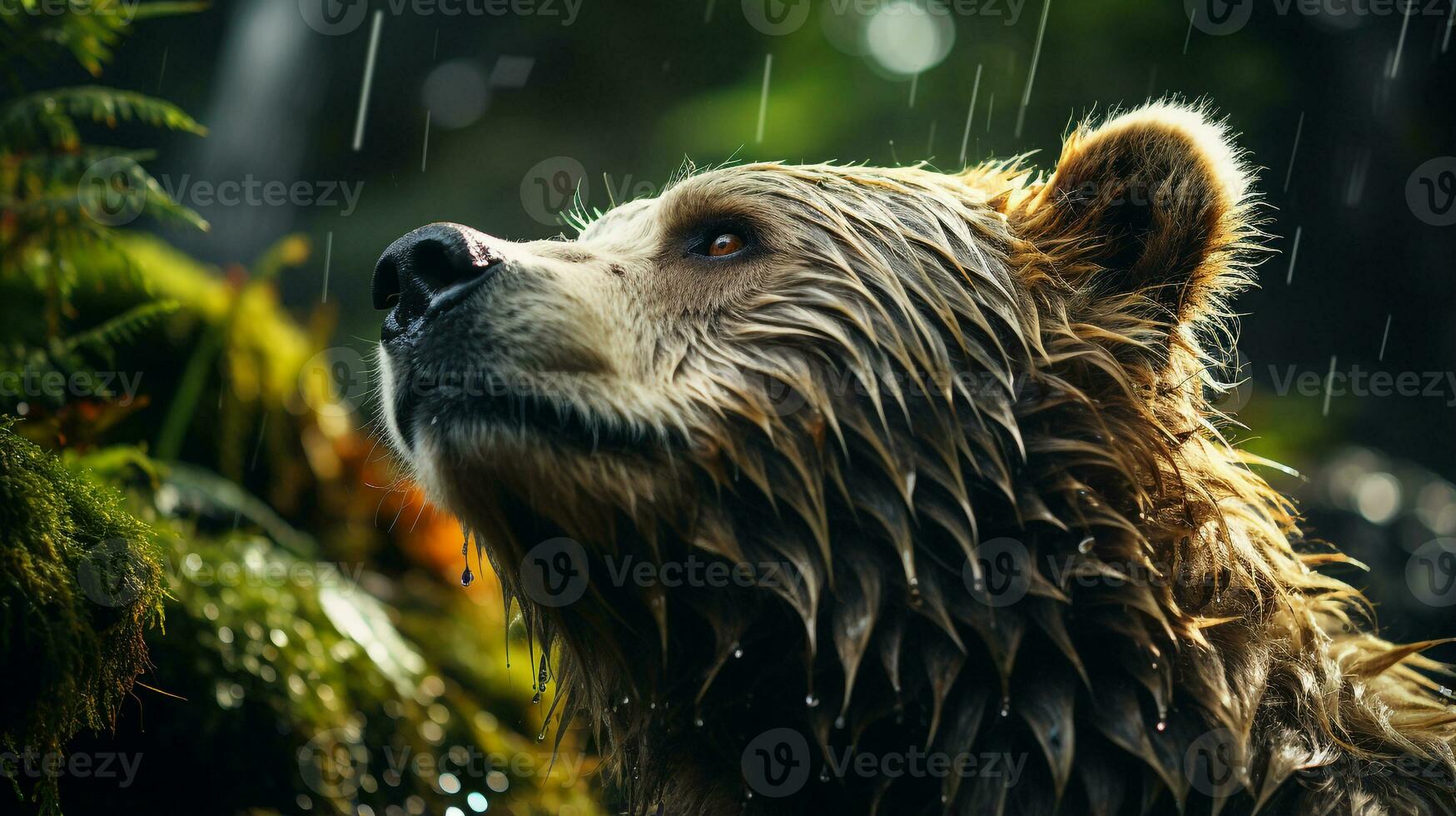 de cerca foto de un oso mirando ninguna dirección en selva. generativo ai