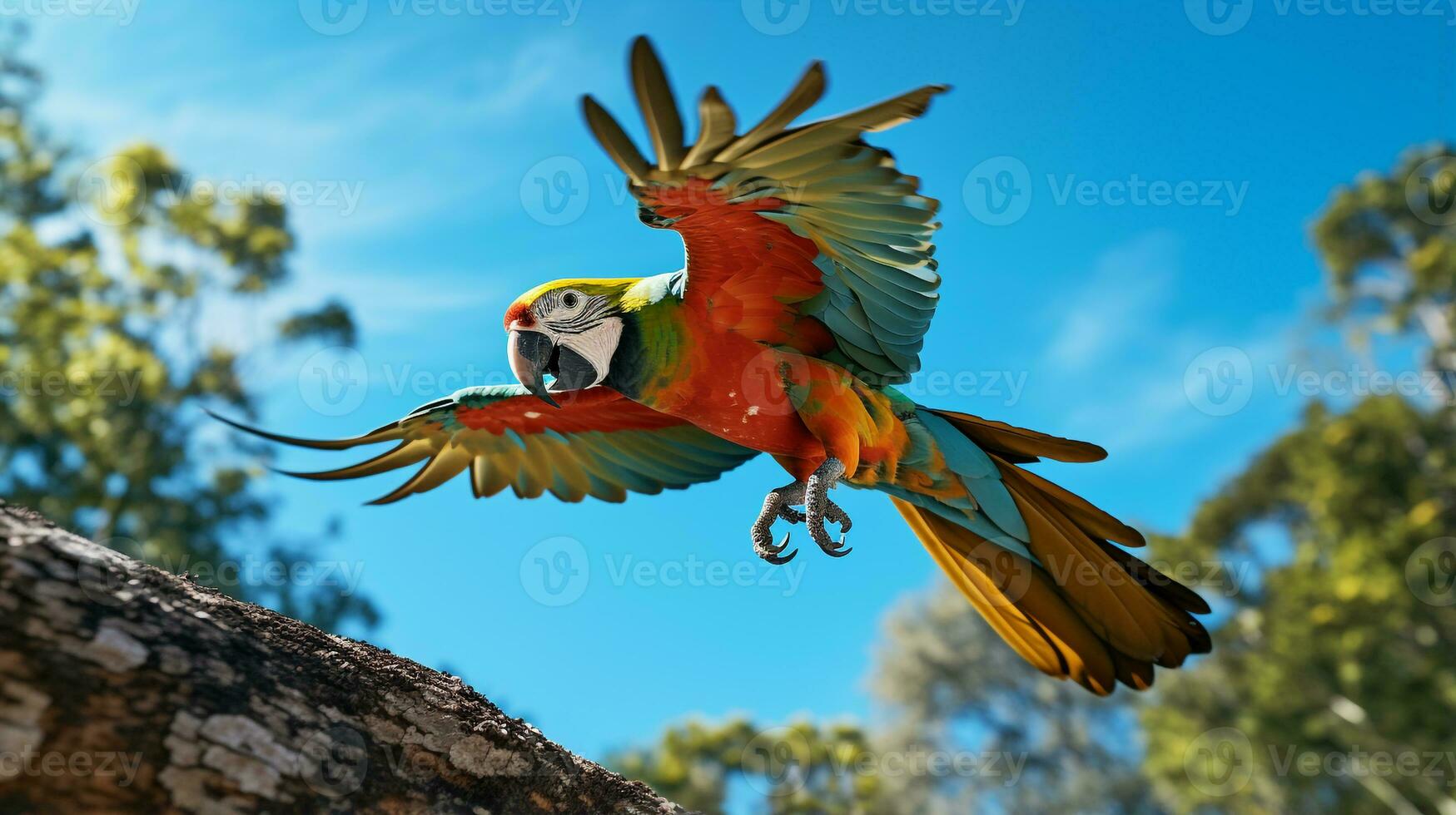 Photo of Parrot in ther forest with blue sky. Generative AI