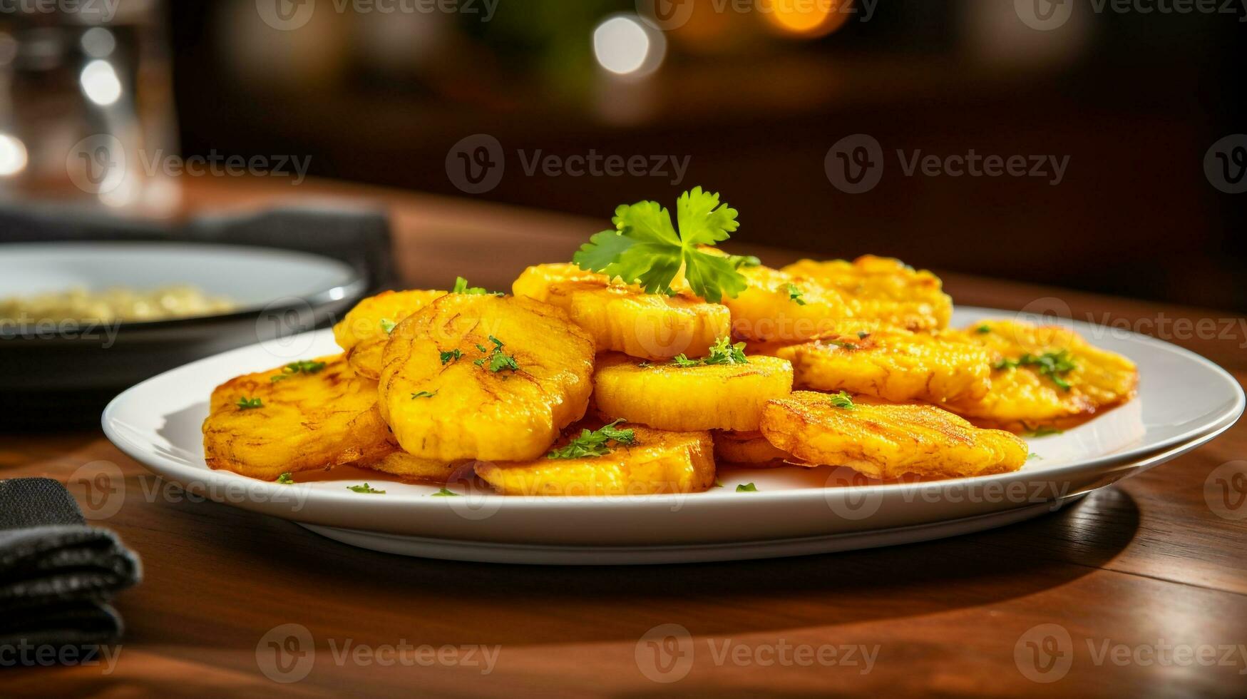 Photo of Tostones - Fried Plantains as a dish in a high-end restaurant. Generative AI