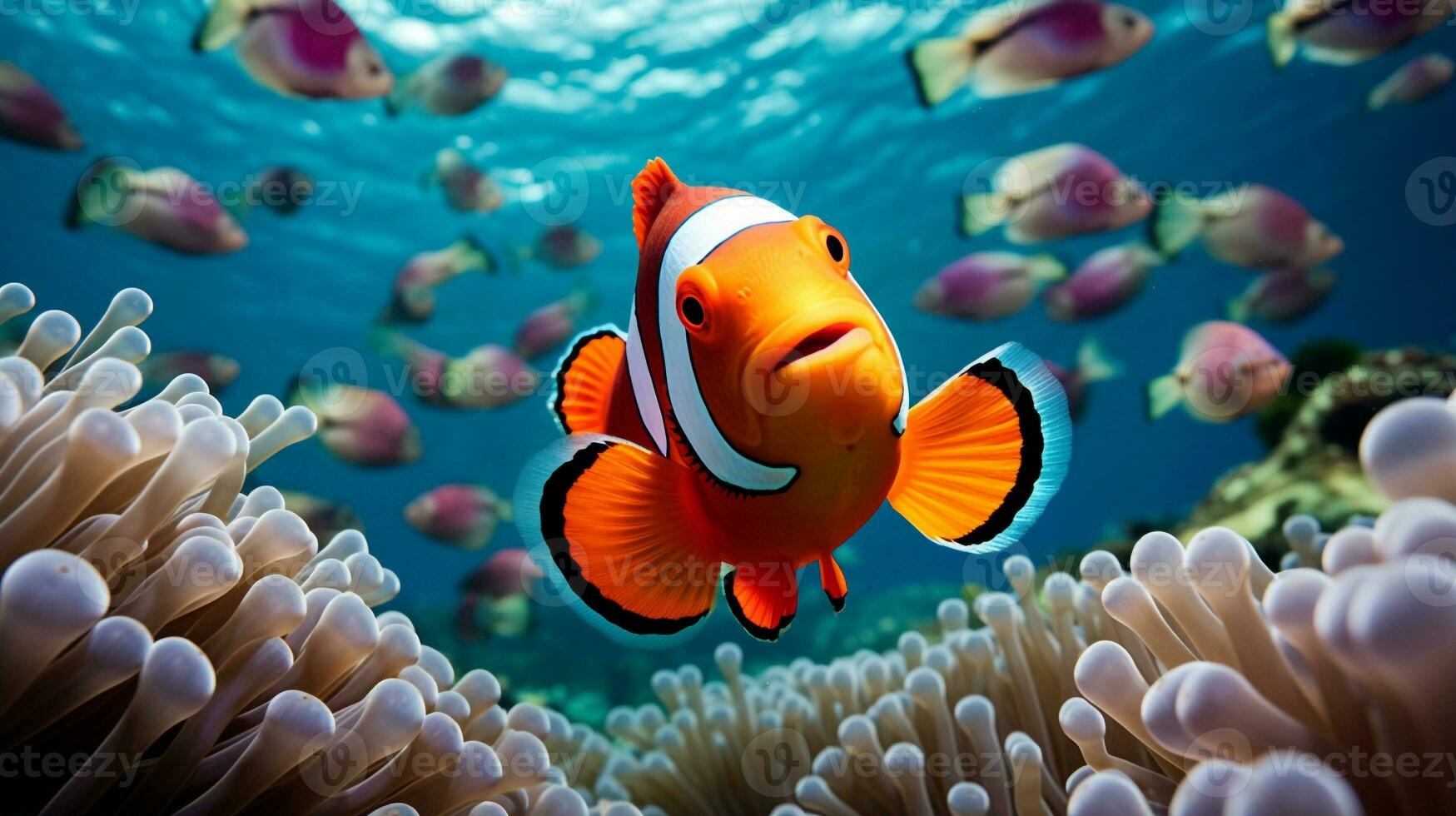 foto de pez payaso con varios pescado Entre sano coral arrecifes en el azul océano. generativo ai