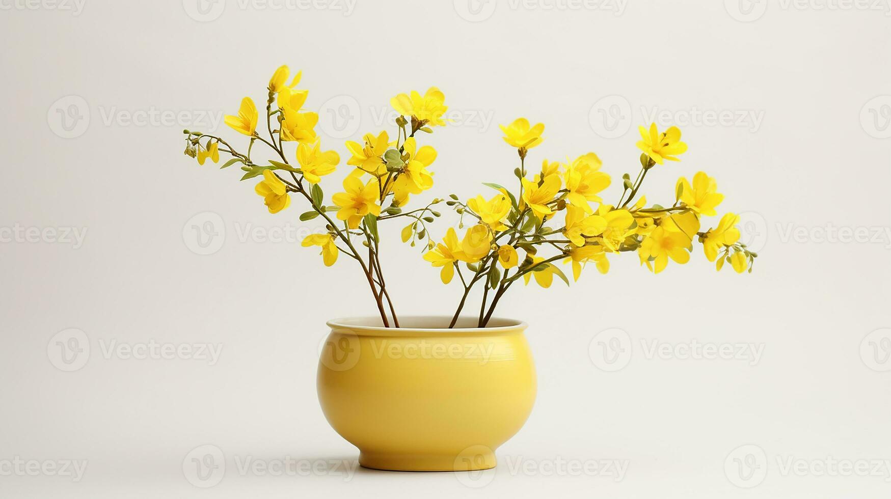 Photo of Winter Jasmine flower in pot isolated on white background. Generative AI