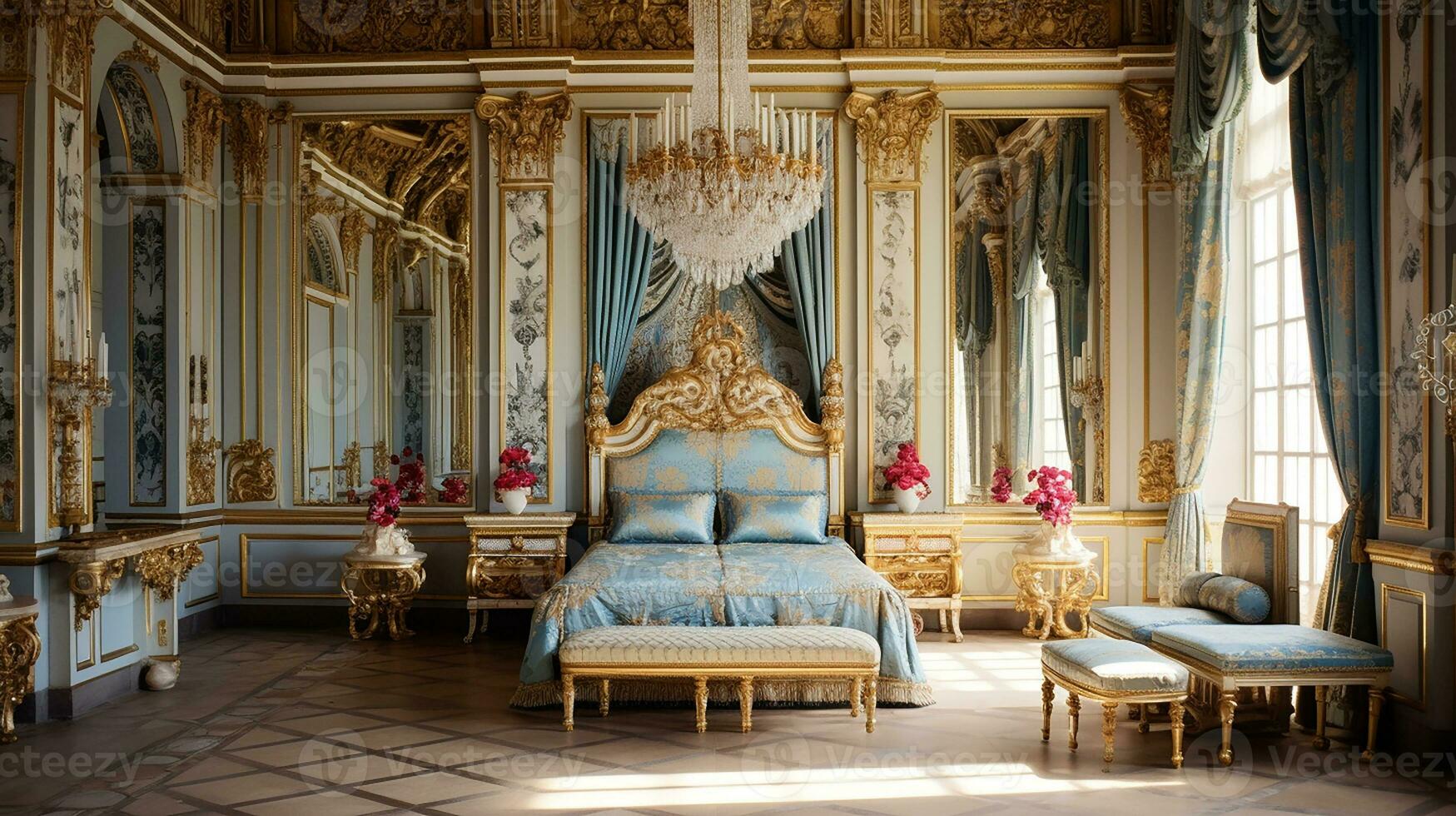 Photo of the bedroom of the Palace of Versaille, France. Generative AI