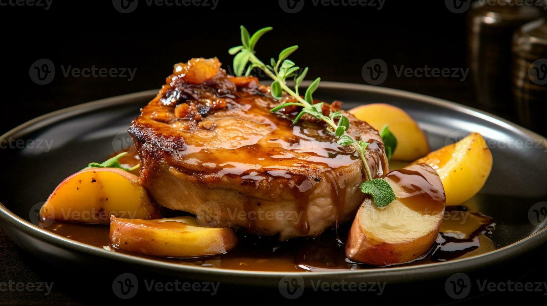 Photo of Apple Cider Glazed Pork Chops as a dish in a high-end restaurant. Generative AI