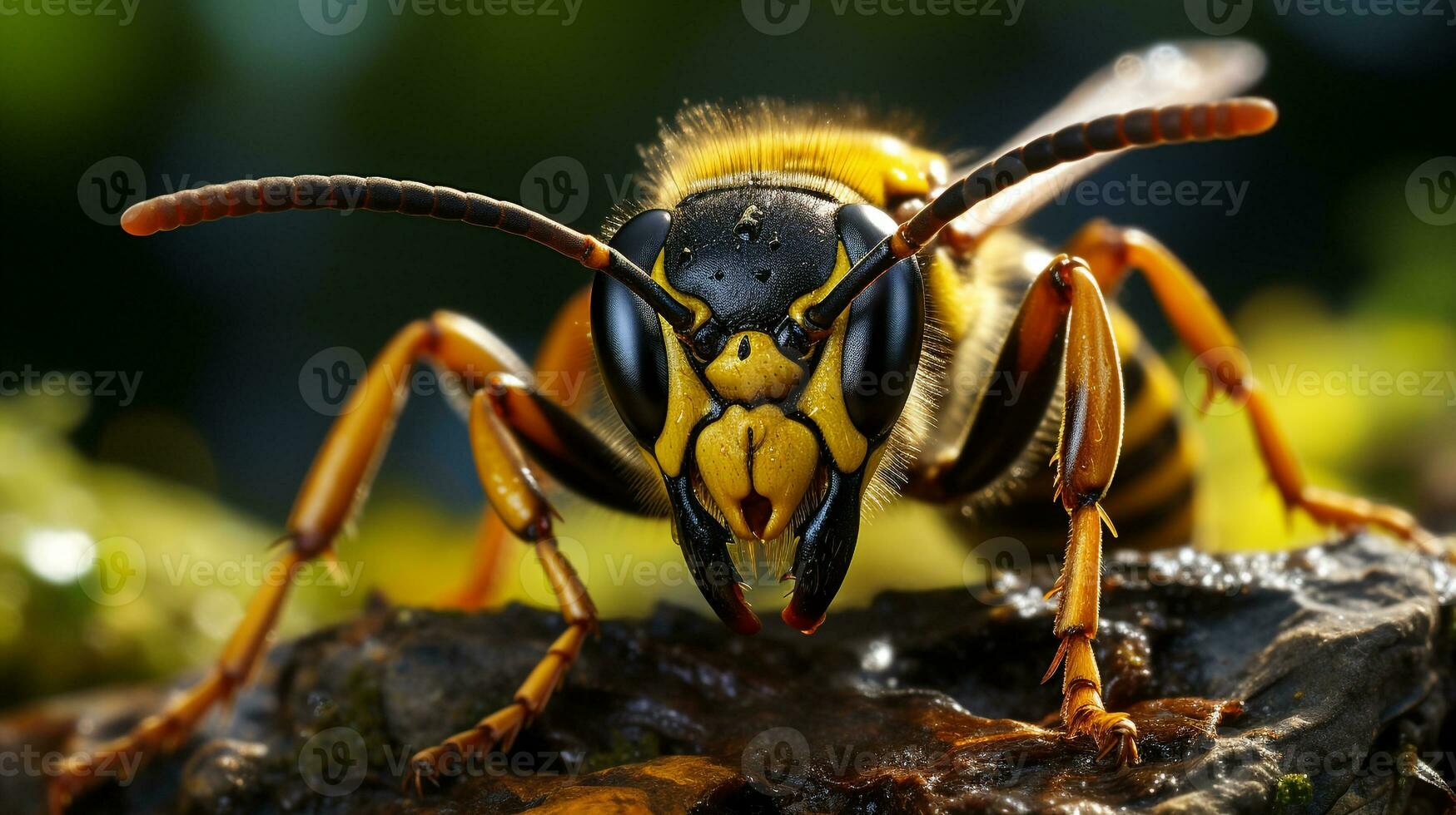 Close-up photo of a Yellow jacket wasp looking any direction. Generative AI