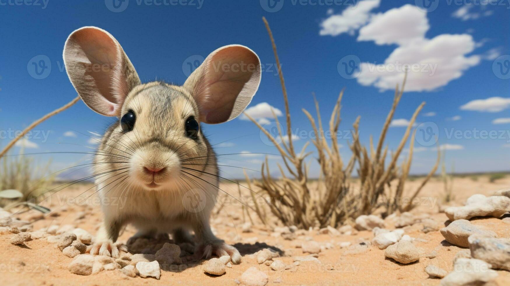 Photo of a Desert Jerboa in a Desert with blue sky. Generative AI