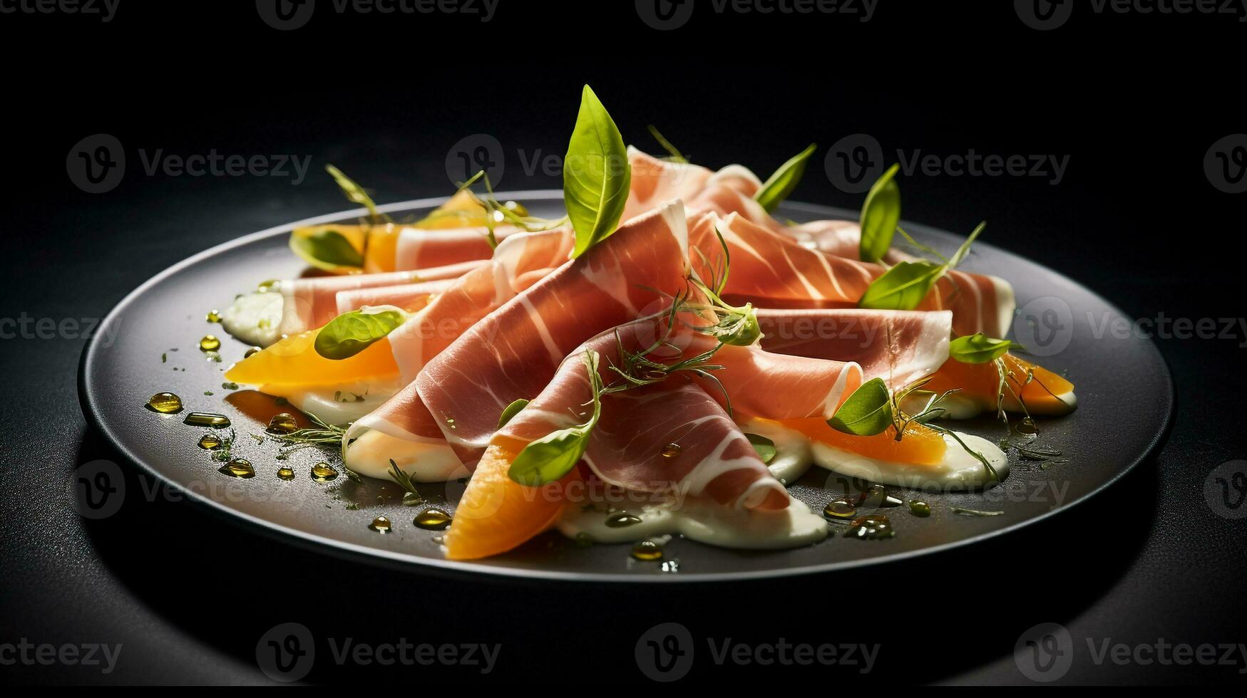 Photo of Melon and Prosciutto as a dish in a high-end restaurant. Generative AI