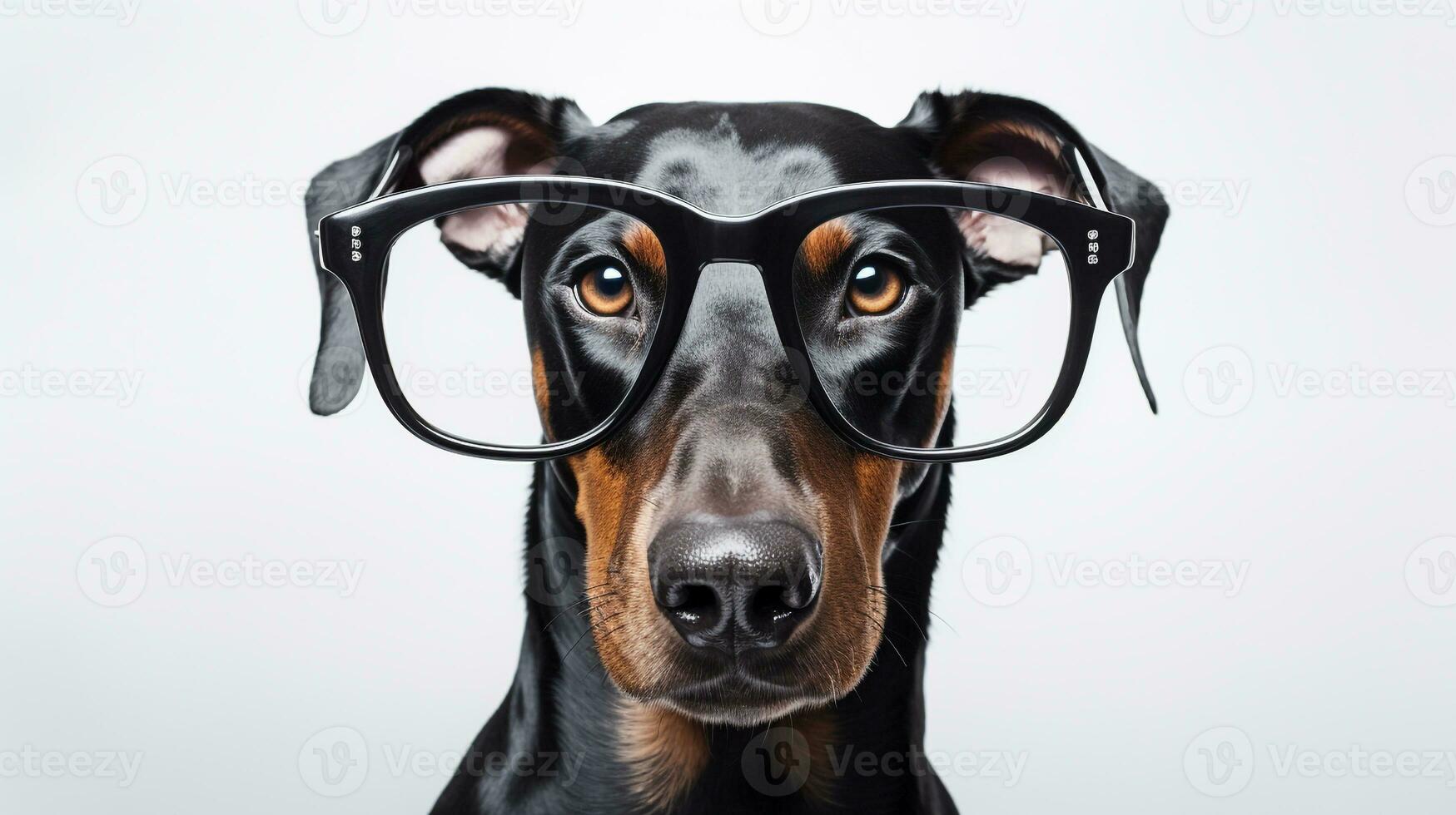 Photo of a Doberman Pinscher dog using eyeglasses isolated on white background. Generative AI