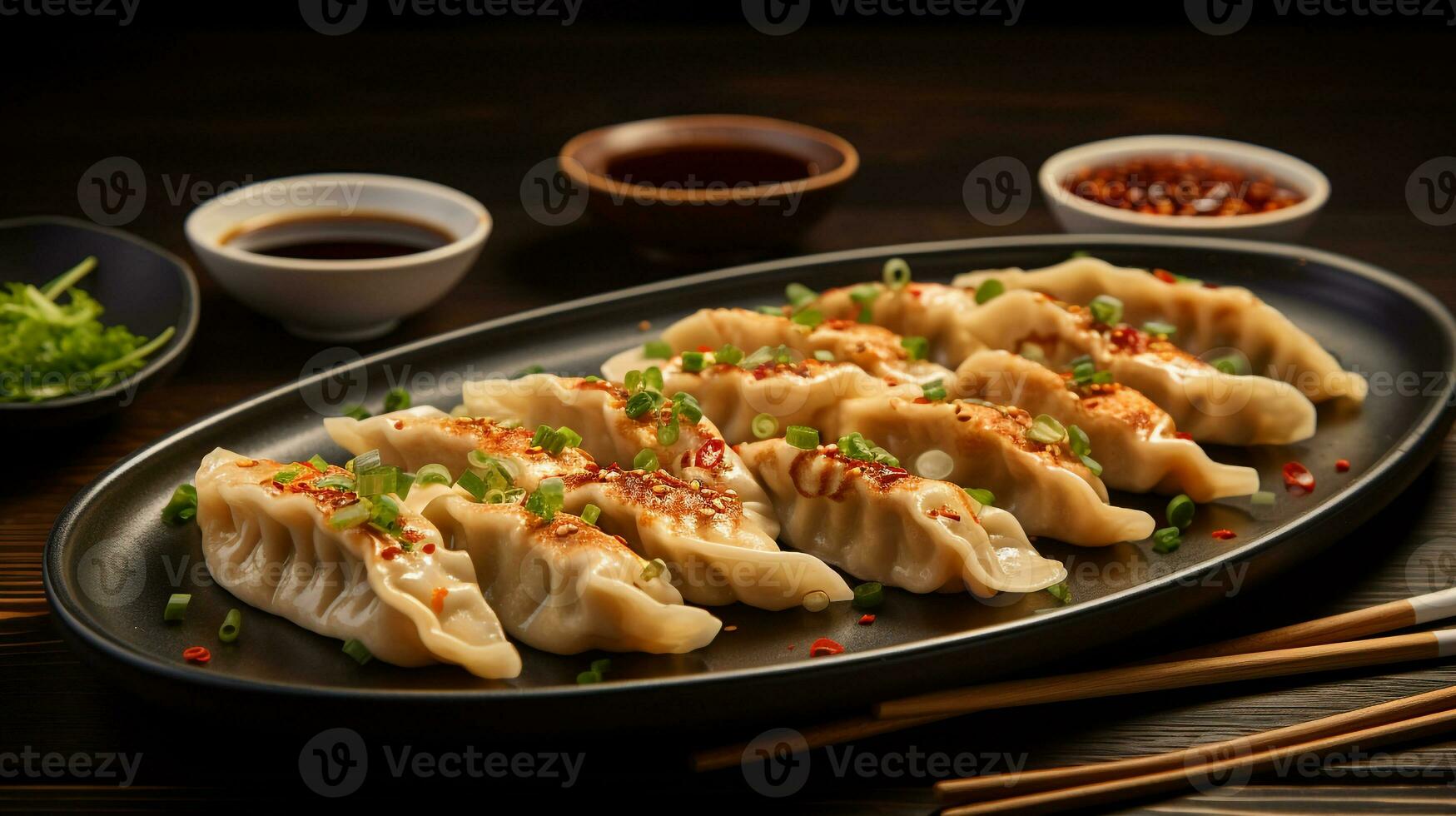 Photo of Gyoza as a dish in a high-end restaurant. Generative AI