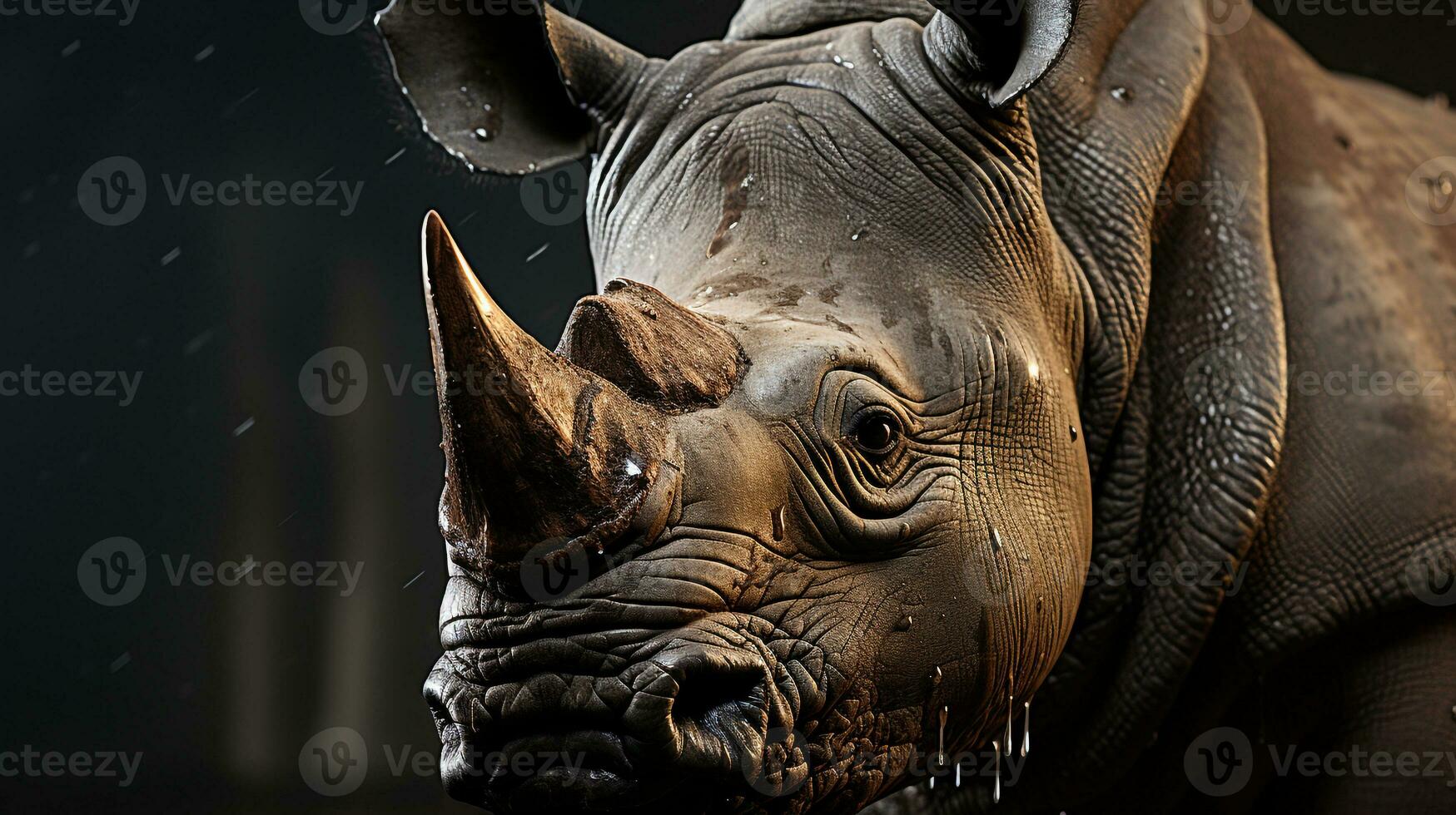 Close-up photo of a Rhinoceros looking any direction on jungle. Generative AI