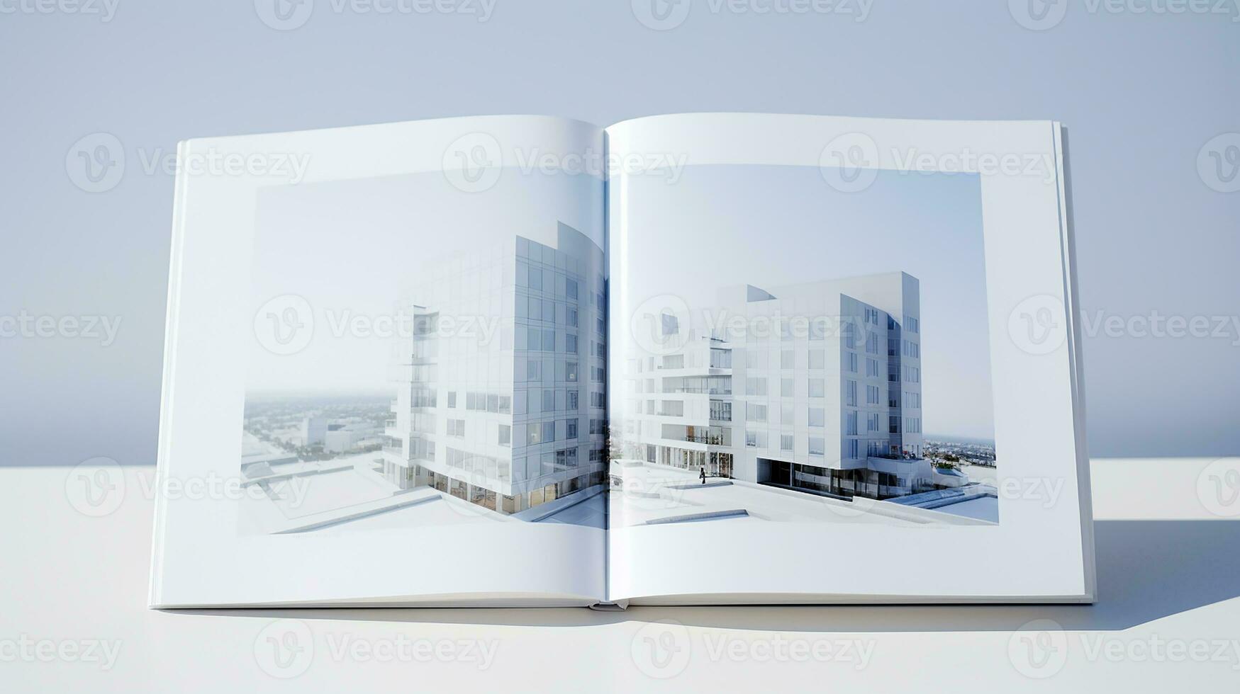 Open magazine with modern and minimalist building and blue sky. 3d rendering. photo