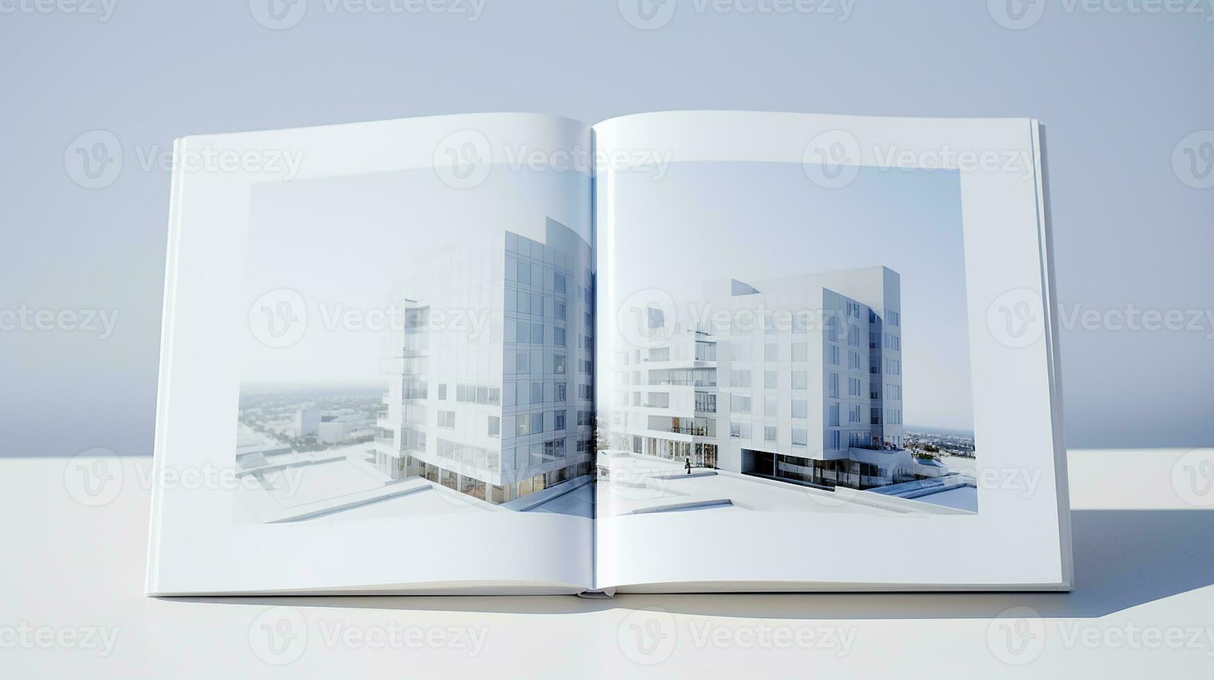 abierto revista con moderno y minimalista edificio y azul cielo. 3d representación. foto