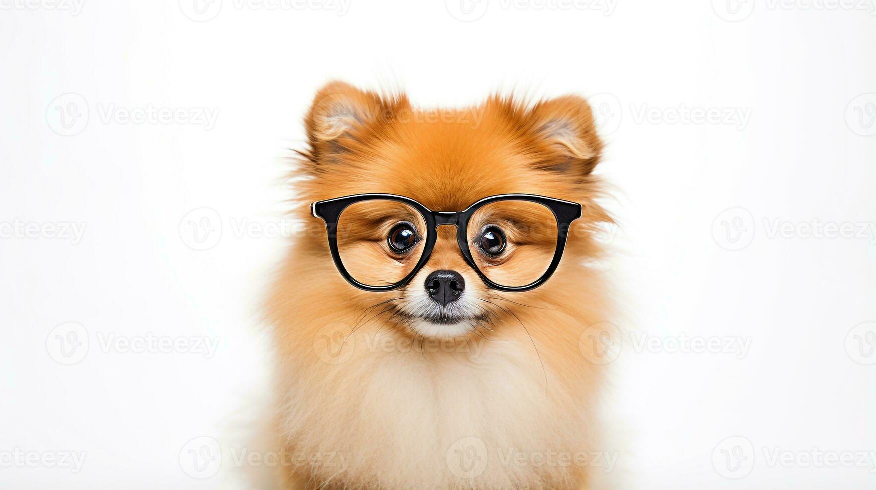 Photo of a Pomeranian dog using eyeglasses isolated on white background. Generative AI