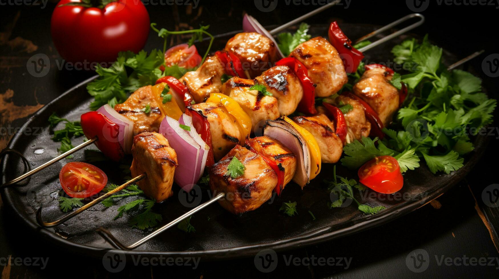 Photo of Chicken Kebabs as a dish in a high-end restaurant. Generative AI