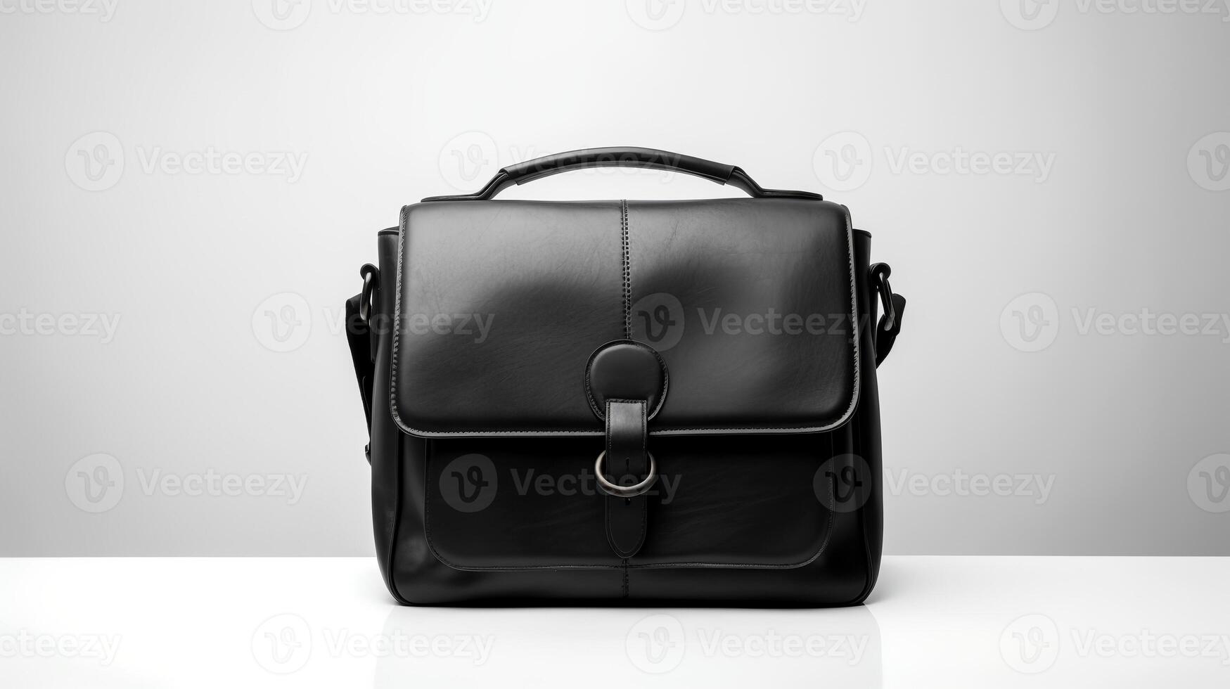 Photo of Minimalist black leather female bag isolated on white background.