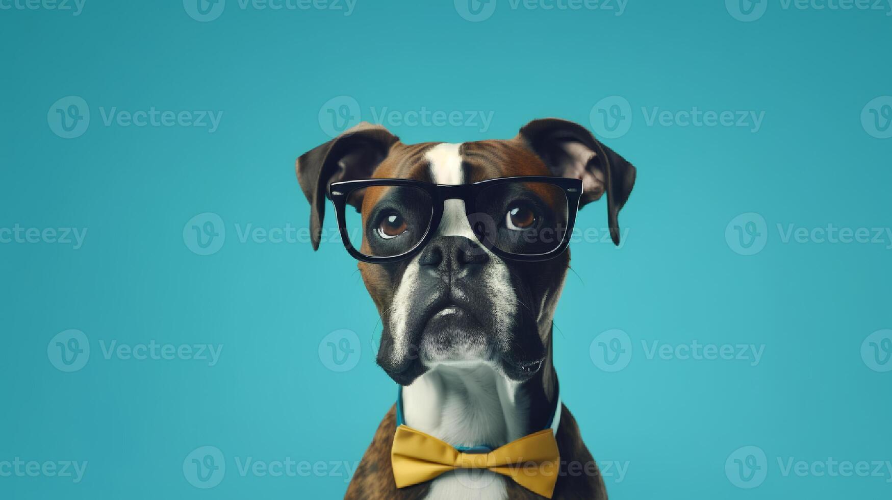 Boxer perro utilizando lentes en azul antecedentes. generativo ai foto