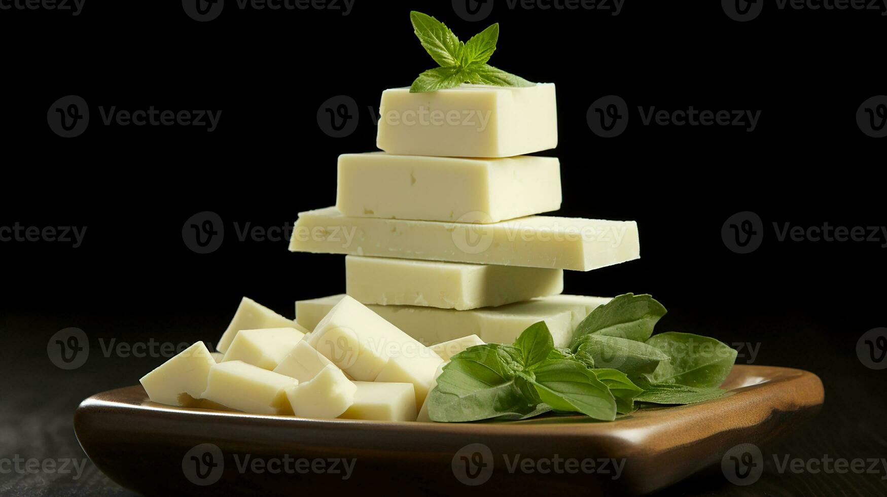 A pile of cheese on white plate isolated on black background. Generative AI photo