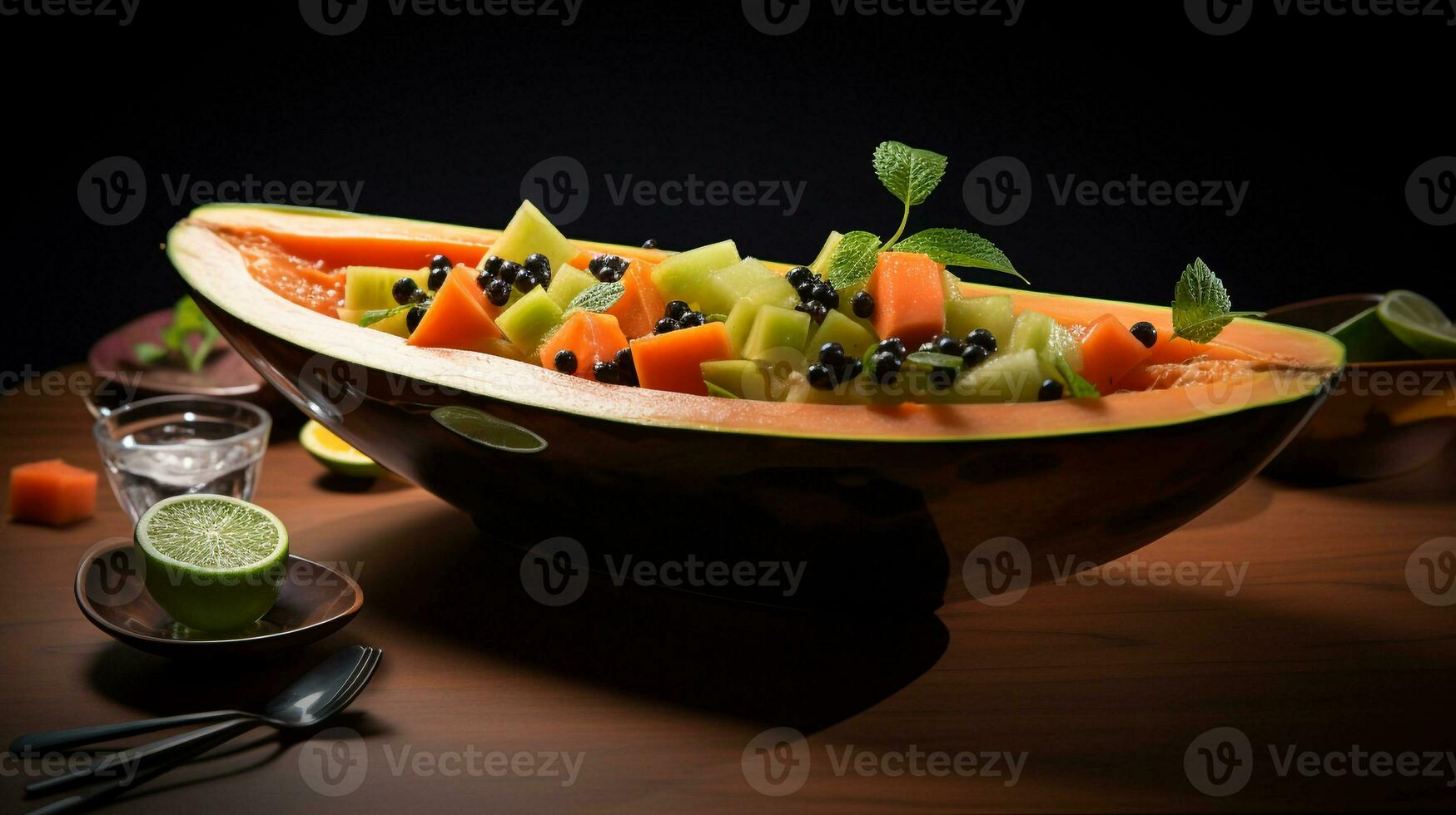 Photo of Papaya Boat with Lime as a dish in a high-end restaurant. Generative AI