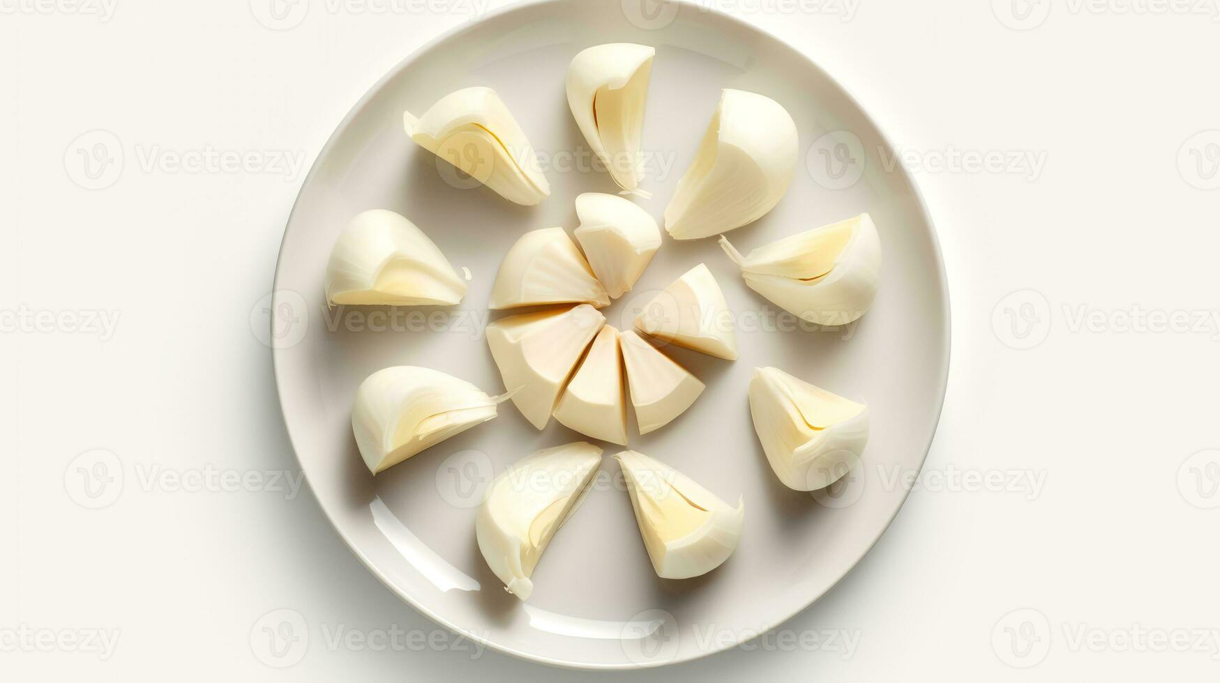 Photo of Garlics on minimalist plate isolated on white background. generative ai