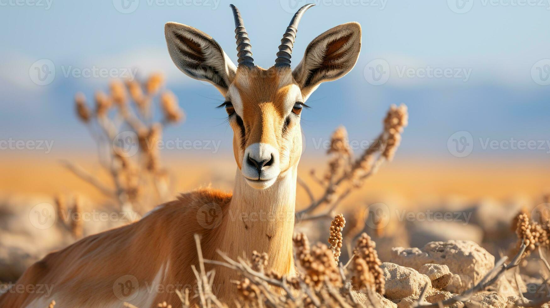 de cerca foto de un arena gacela mirando ninguna dirección en el desierto. generativo ai