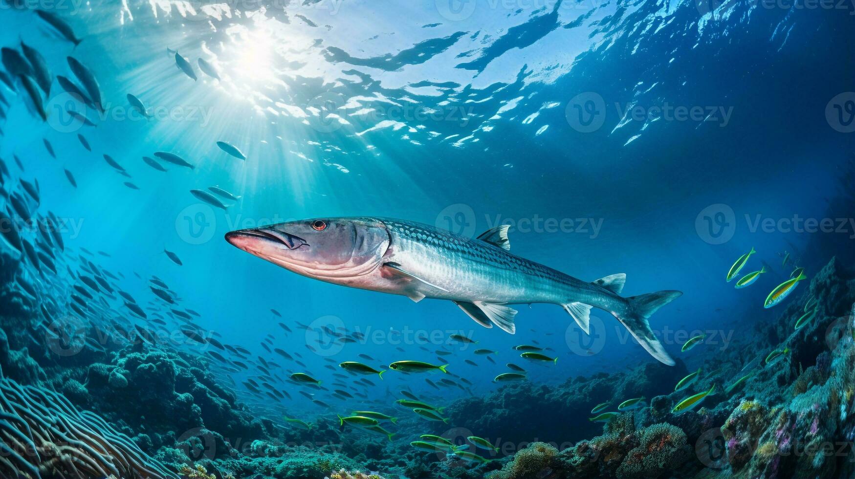 Photo of Barracuda with various fish between healthy coral reefs in the blue ocean. Generative AI