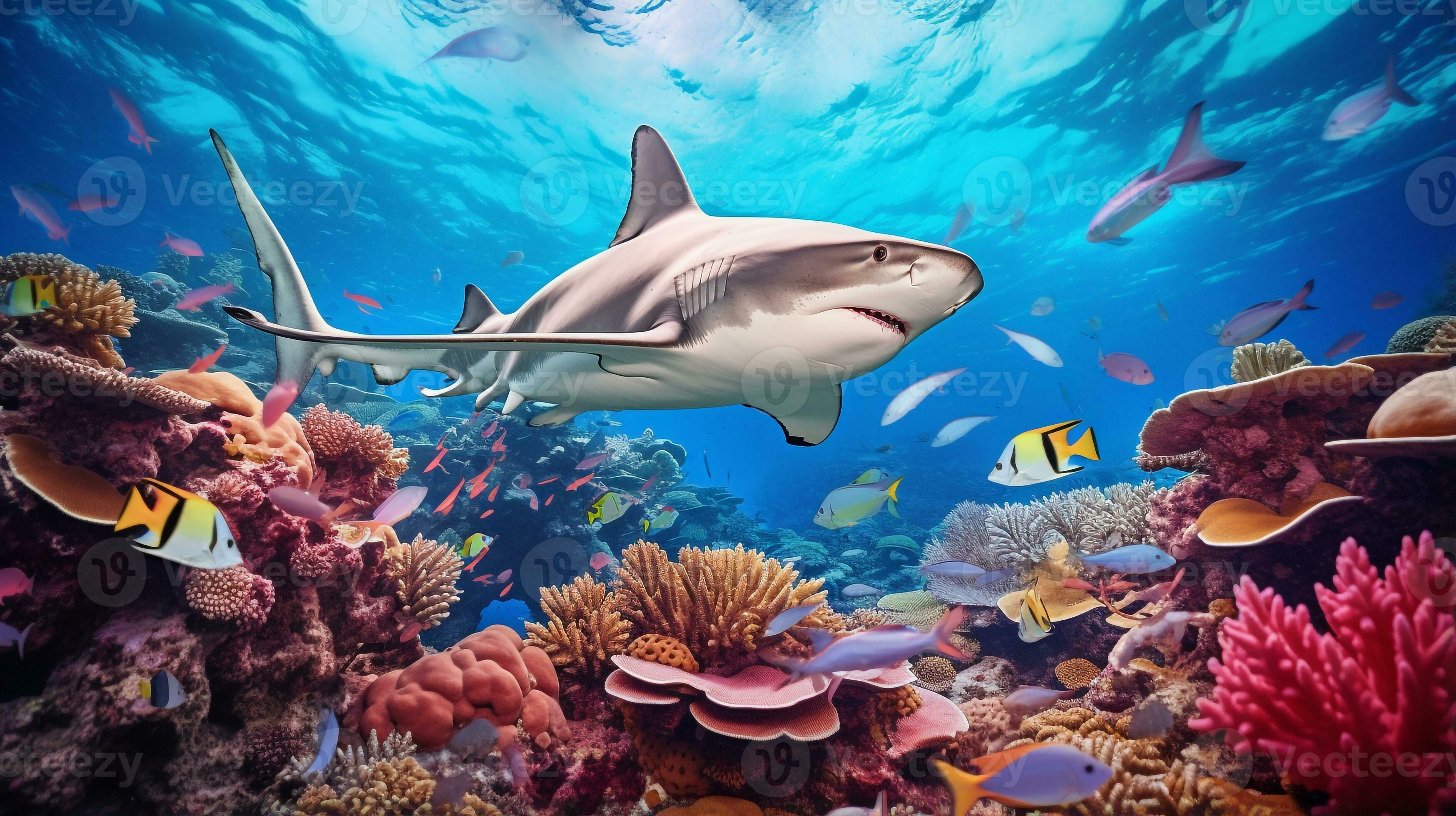 Photo of Hammerhead Shark with various fish between healthy coral reefs in the blue ocean