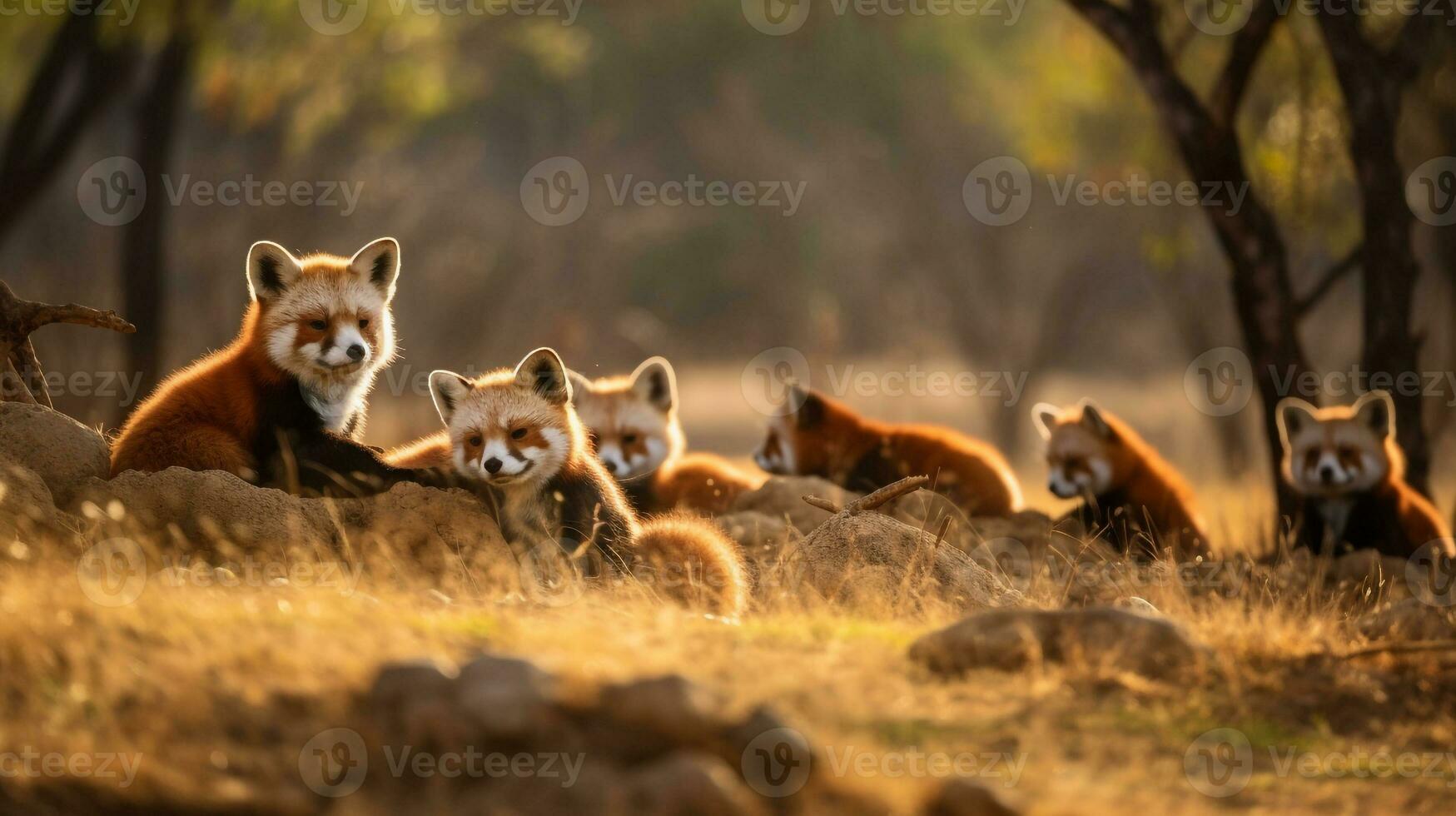 Photo of a herd of Red Panda resting in an open area on the Savanna. Generative AI