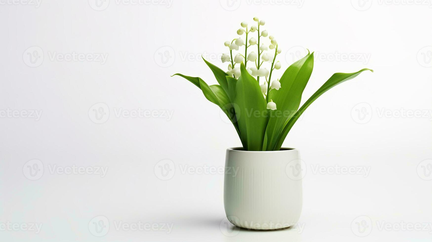 Photo of Lily of the Valley flower in pot isolated on white background. Generative AI