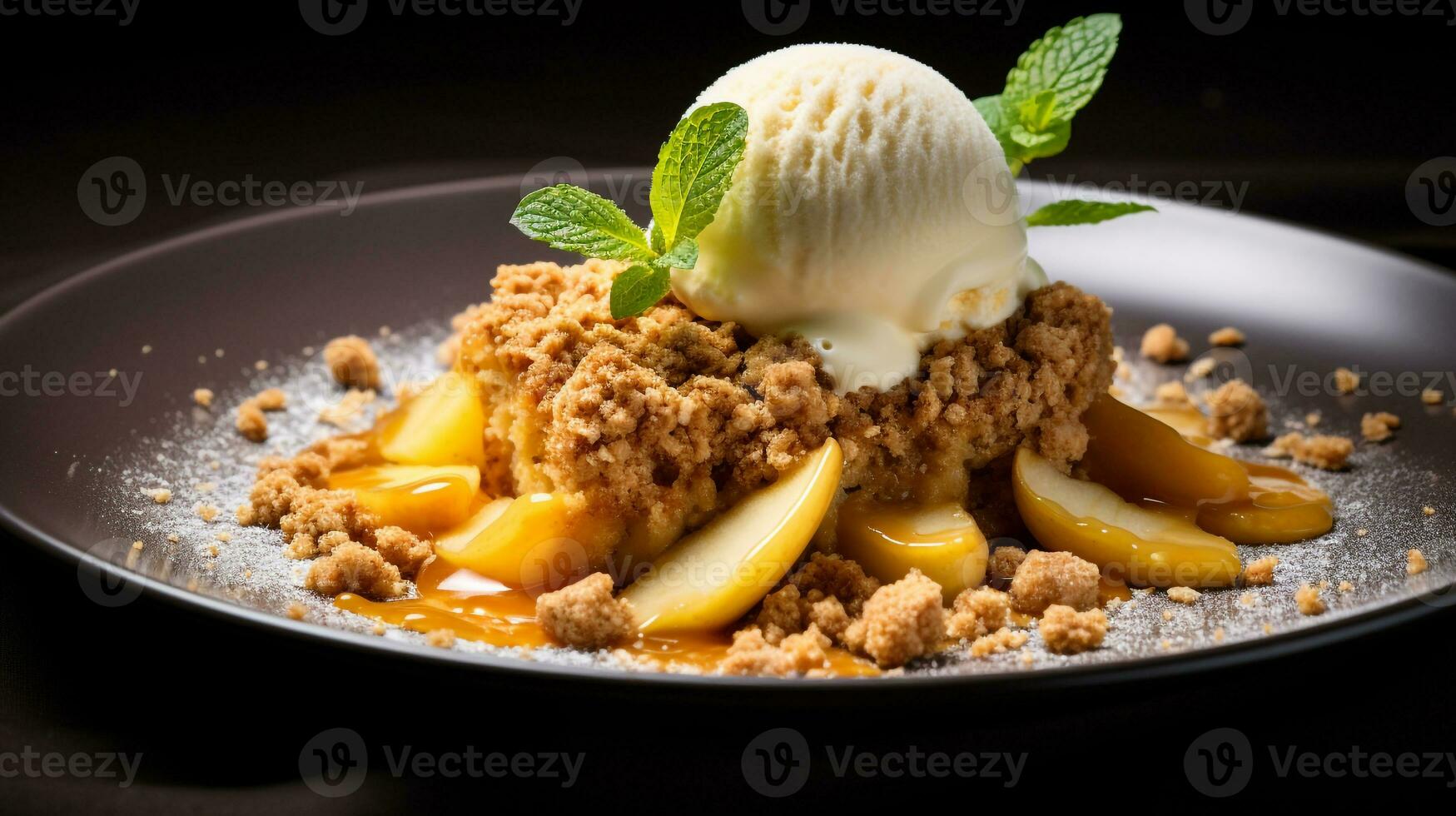 Photo of Apple Crumble as a dish in a high-end restaurant. Generative AI