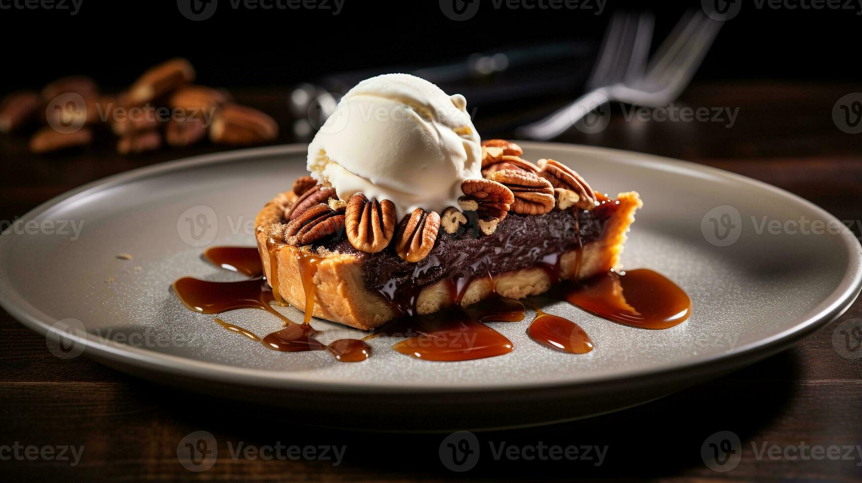 Photo of Pecan Pie as a dish in a high-end restaurant. Generative AI