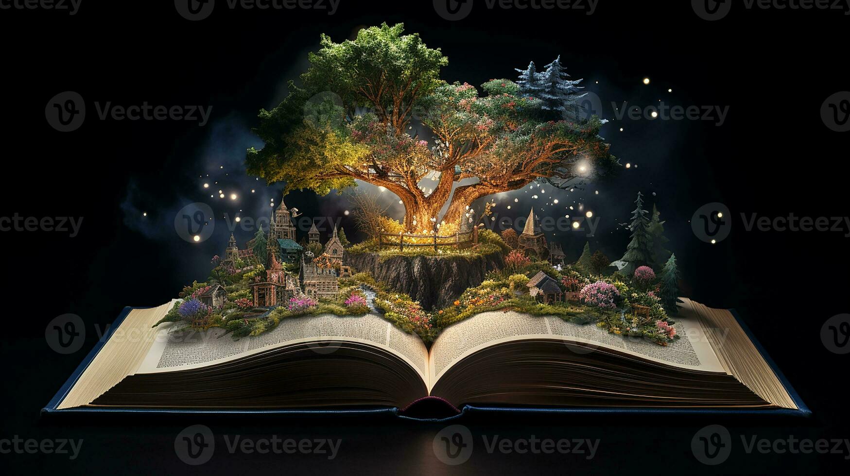 Mystical forest. Opened book with magic tree on dark background. Generative AI photo