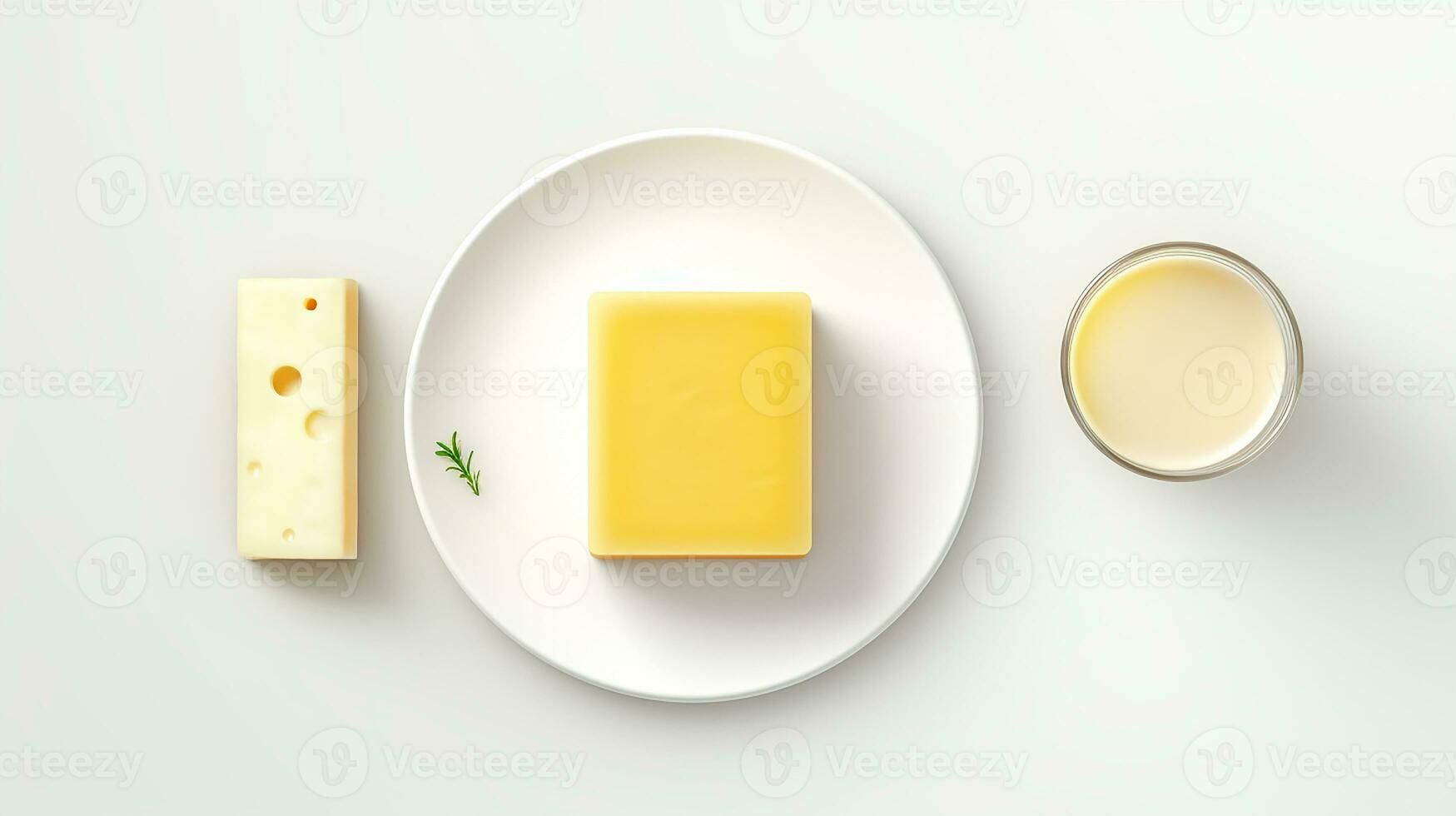 Minimalist photo of a slice of cheese on a white plate beside honey. Generative AI