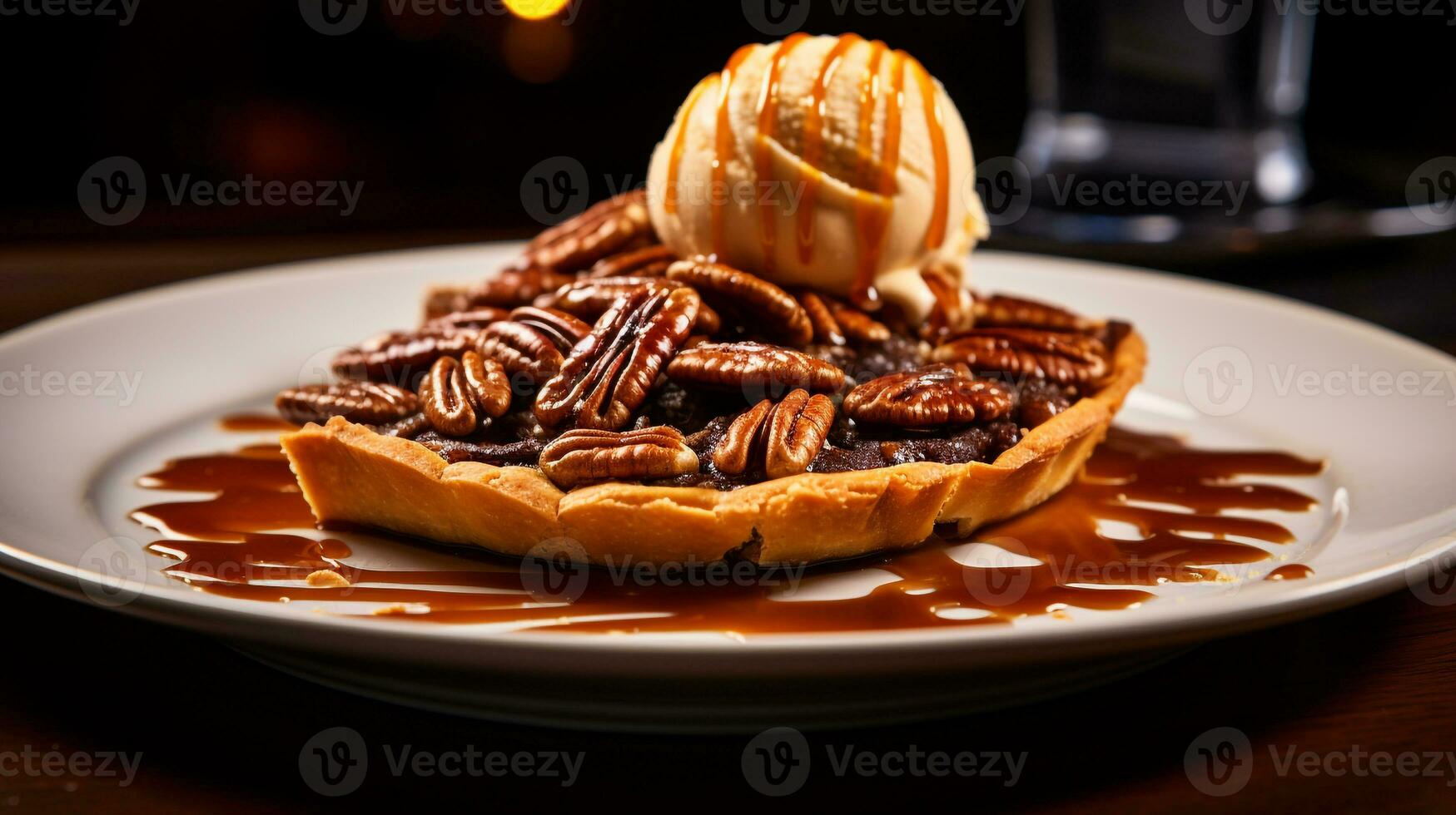 foto de pacana tarta como un plato en un gama alta restaurante. generativo ai