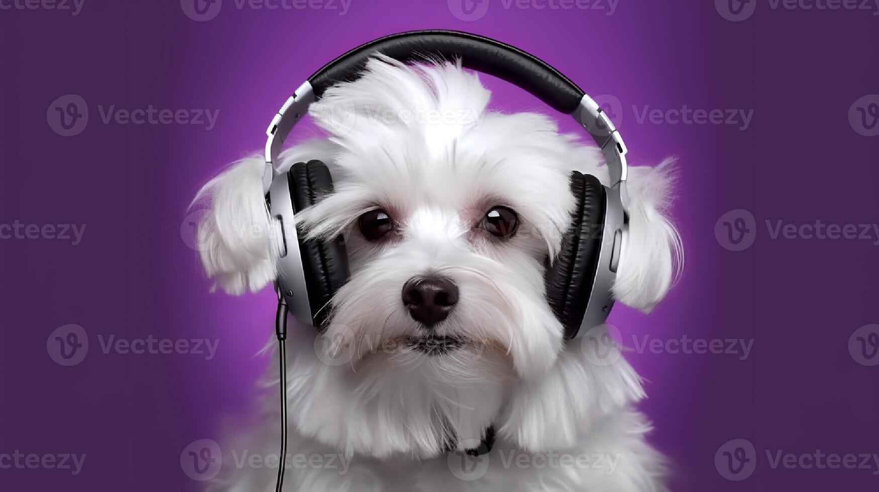 Photo of maltese using headphone  on purple background. Generative AI