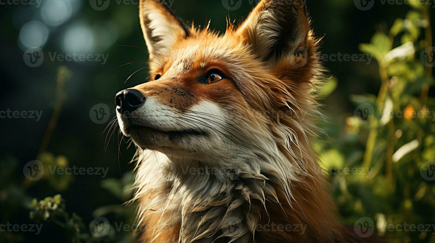 Close-up photo of a Fox looking any direction on jungle. Generative AI