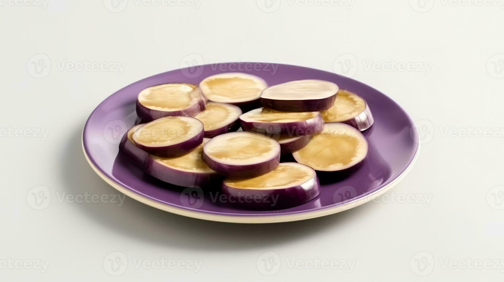 Photo of Eggplant sliced pieces isolated on white background. generative ai