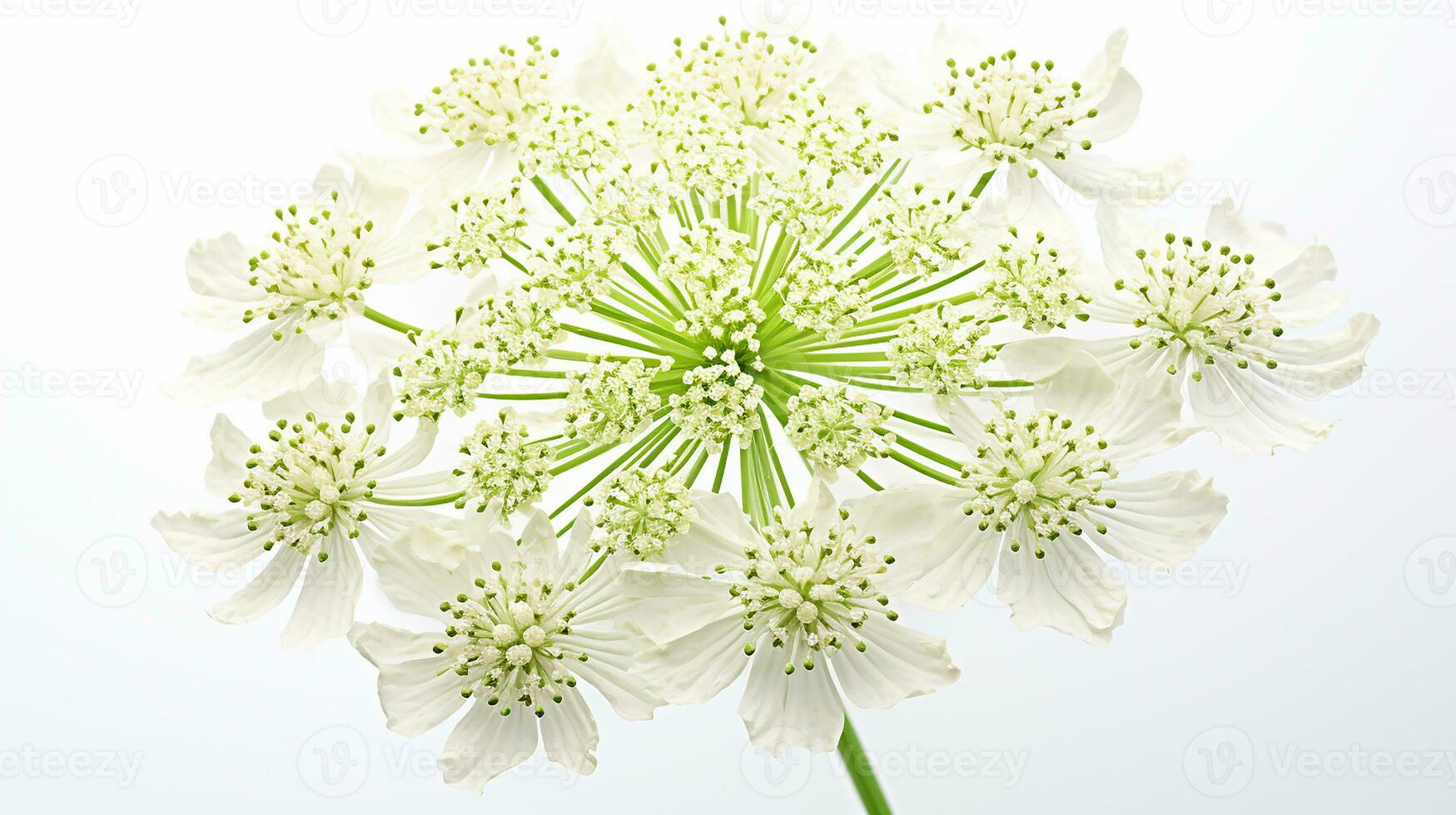 Photo of beautiful Queen Anne's Lace flower isolated on white background. Generative AI