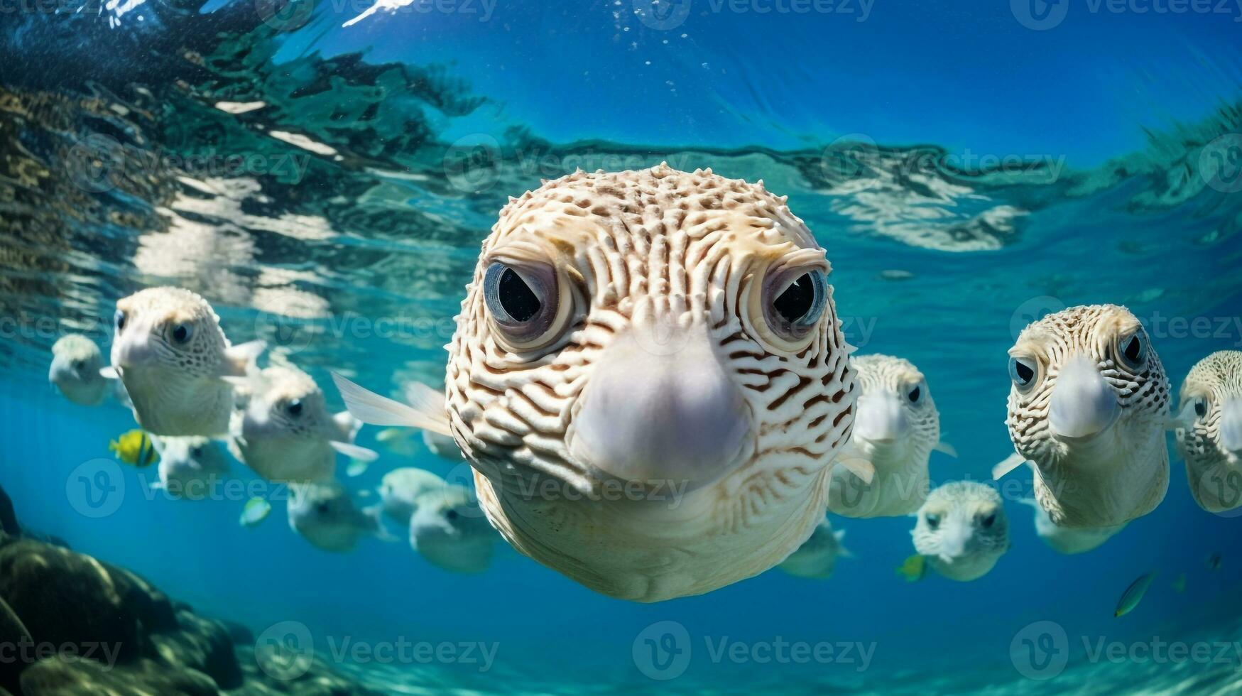 Photo of Pufferfish with various fish between healthy coral reefs in the blue ocean. Generative AI