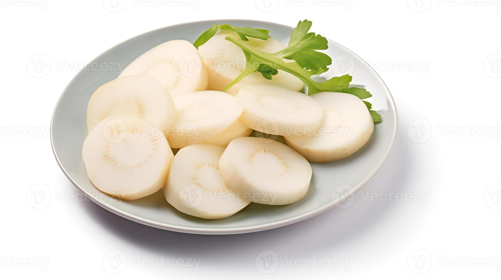 Photo of Turnips sliced pieces on minimalist plate isolated on white background.