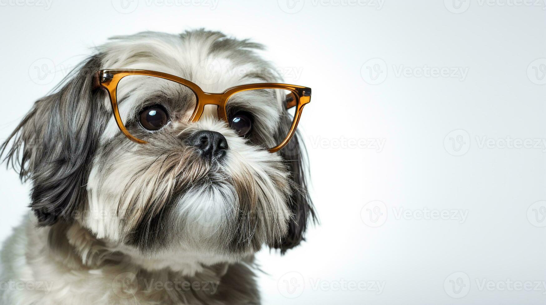 Photo of a Shih Tzu dog using eyeglasses isolated on white background. Generative AI