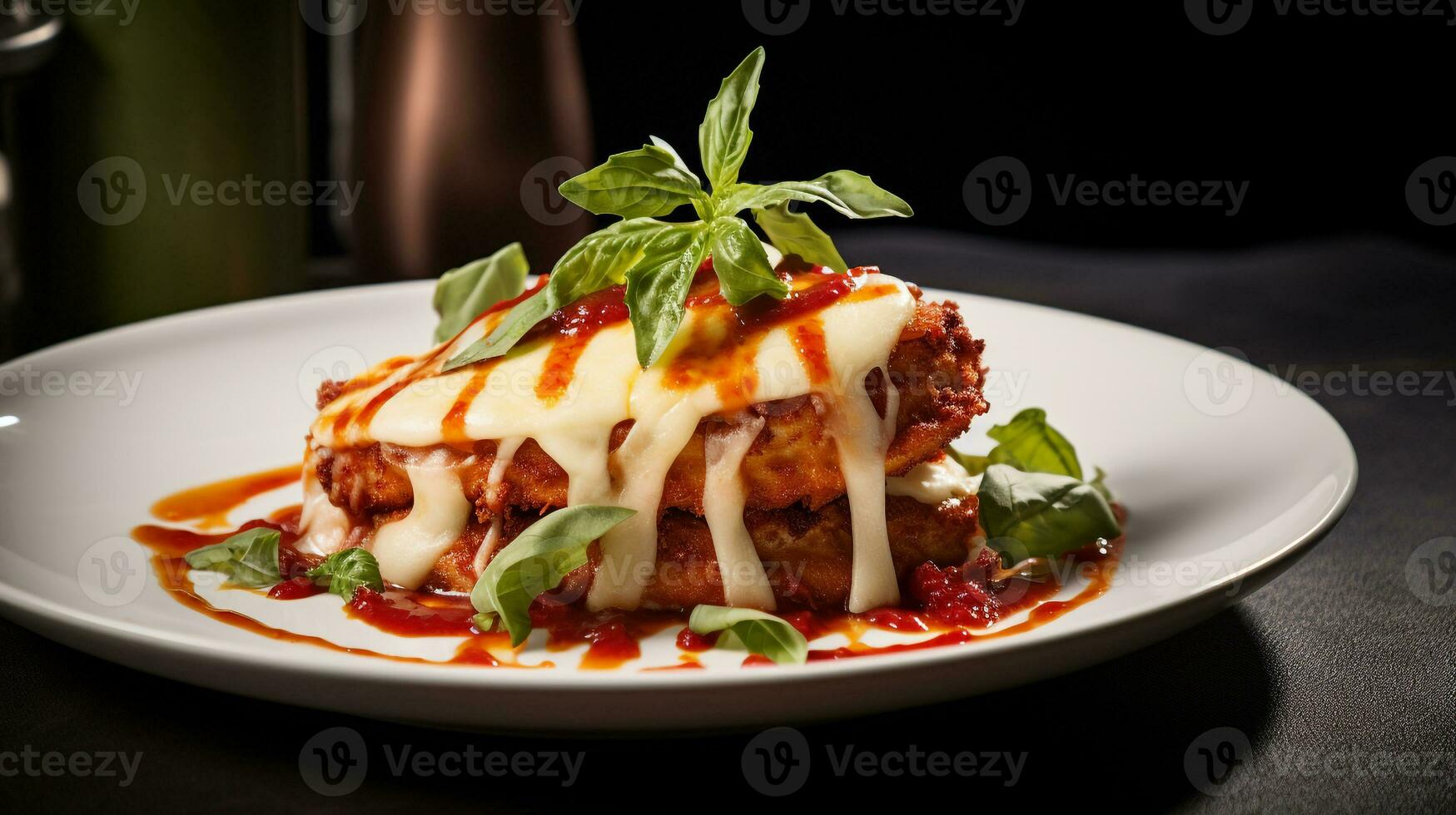 Photo of Chicken Parmesan as a dish in a high-end restaurant. Generative AI