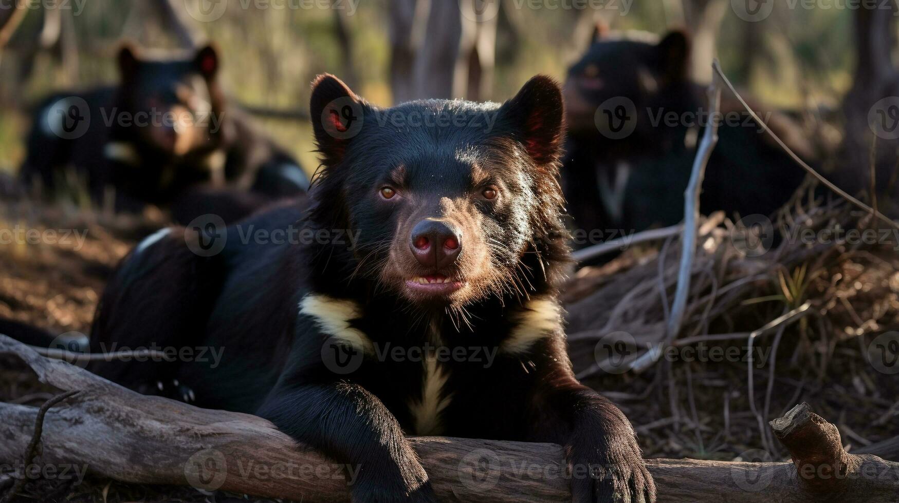 Photo of a herd of Tasmanian Devil resting in an open area on the Savanna. Generative AI