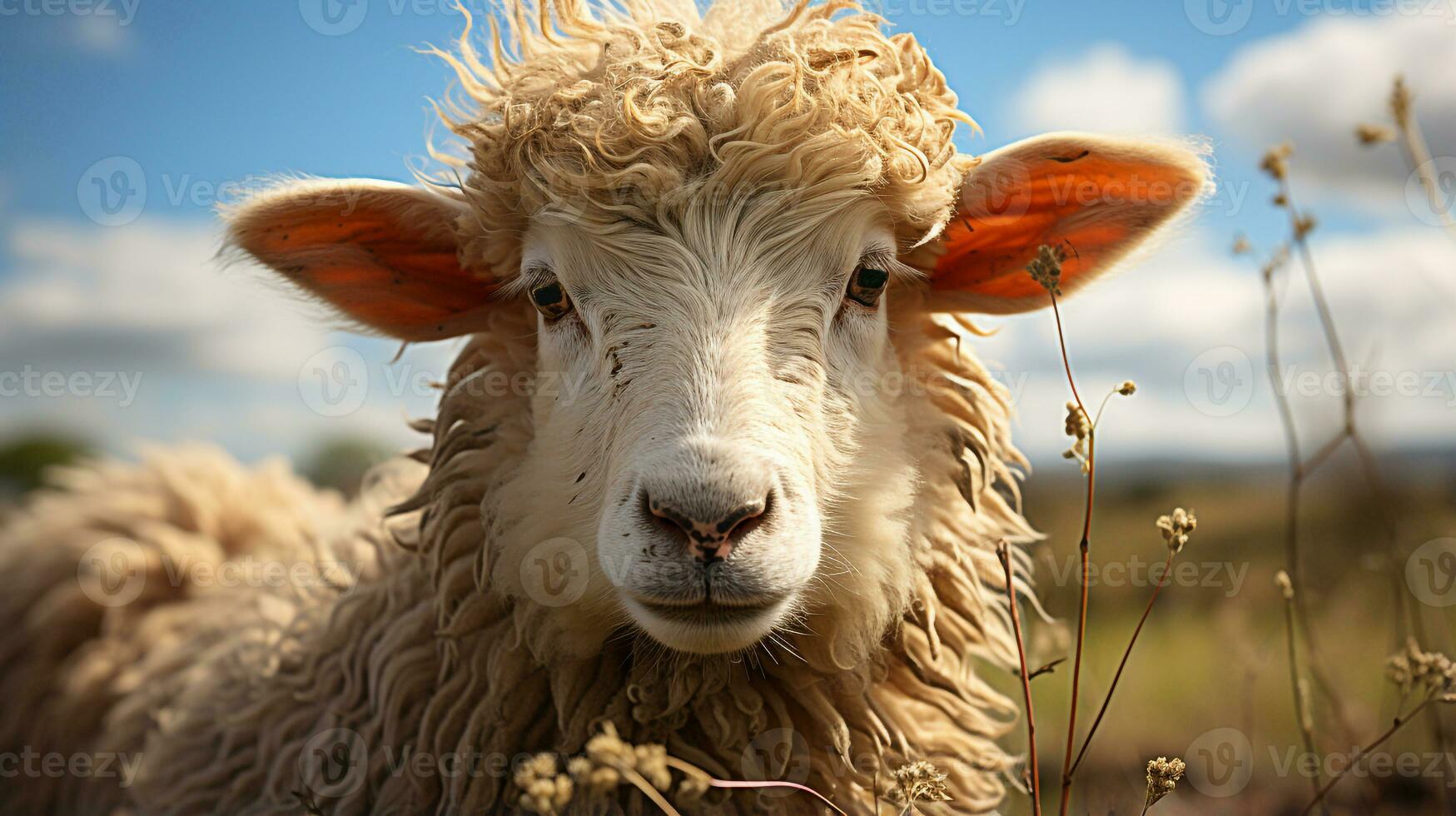 Close-up photo of a Sheep looking any direction. Generative AI