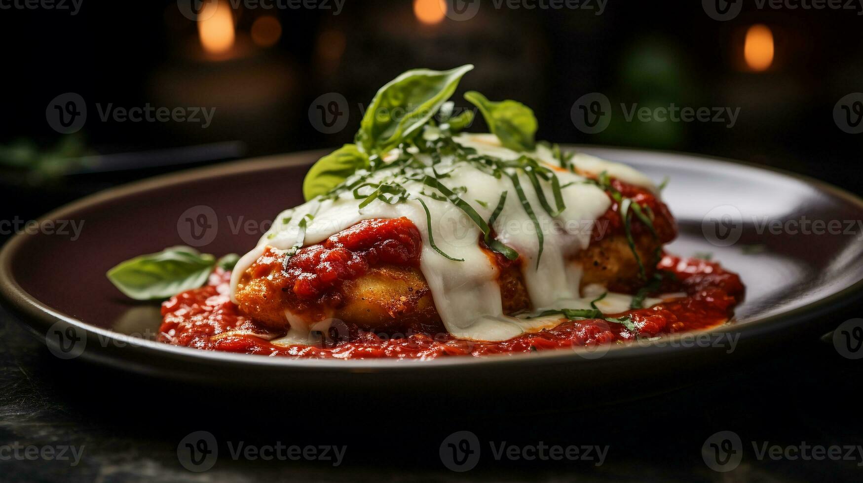 Photo of Chicken Parmesan as a dish in a high-end restaurant. Generative AI